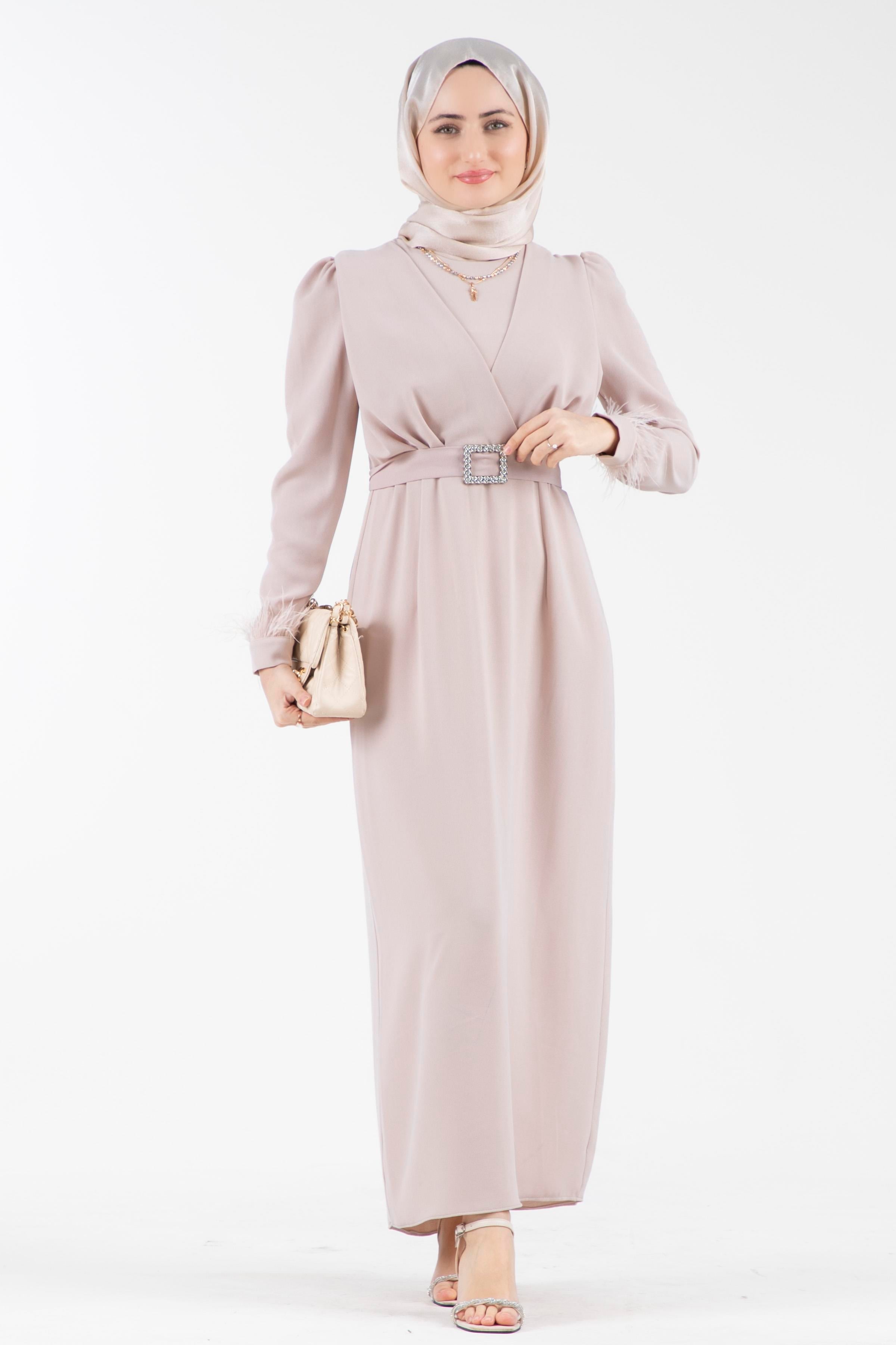 enus Sleeve Feather Detail Evening Gown in Light Mink,
