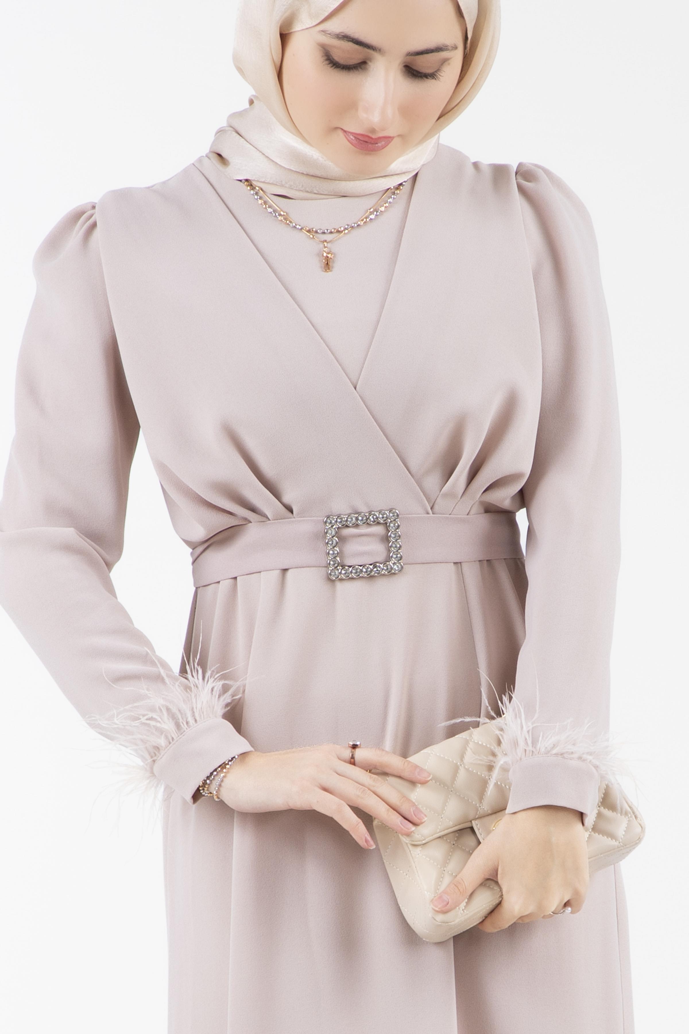 enus Sleeve Feather Detail Evening Gown in Light Mink,