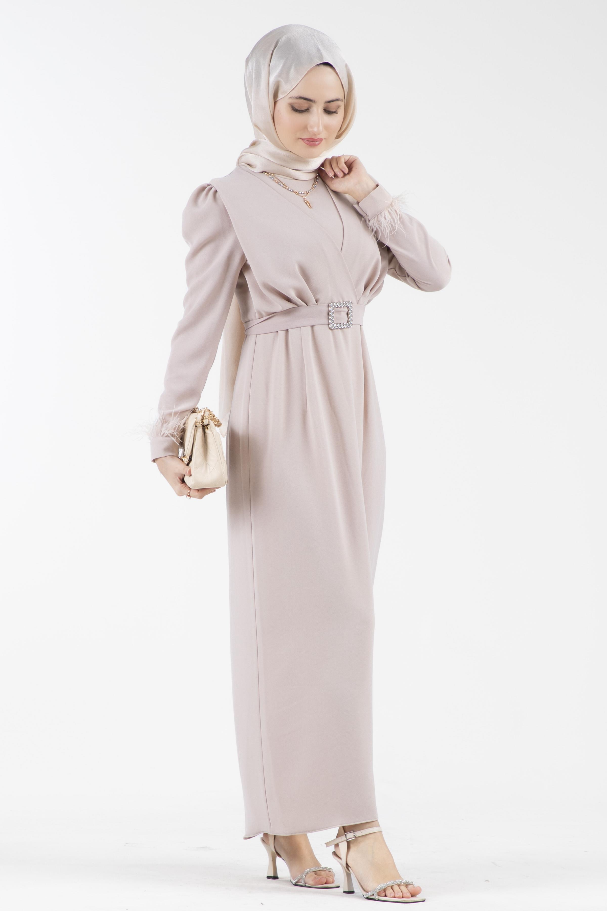 enus Sleeve Feather Detail Evening Gown in Light Mink,