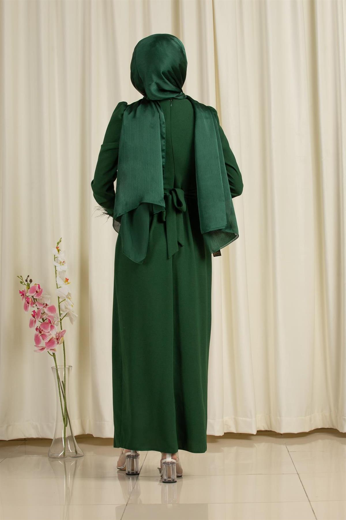 Venus Sleeve Feather Detail Evening Dress-Emerald Green