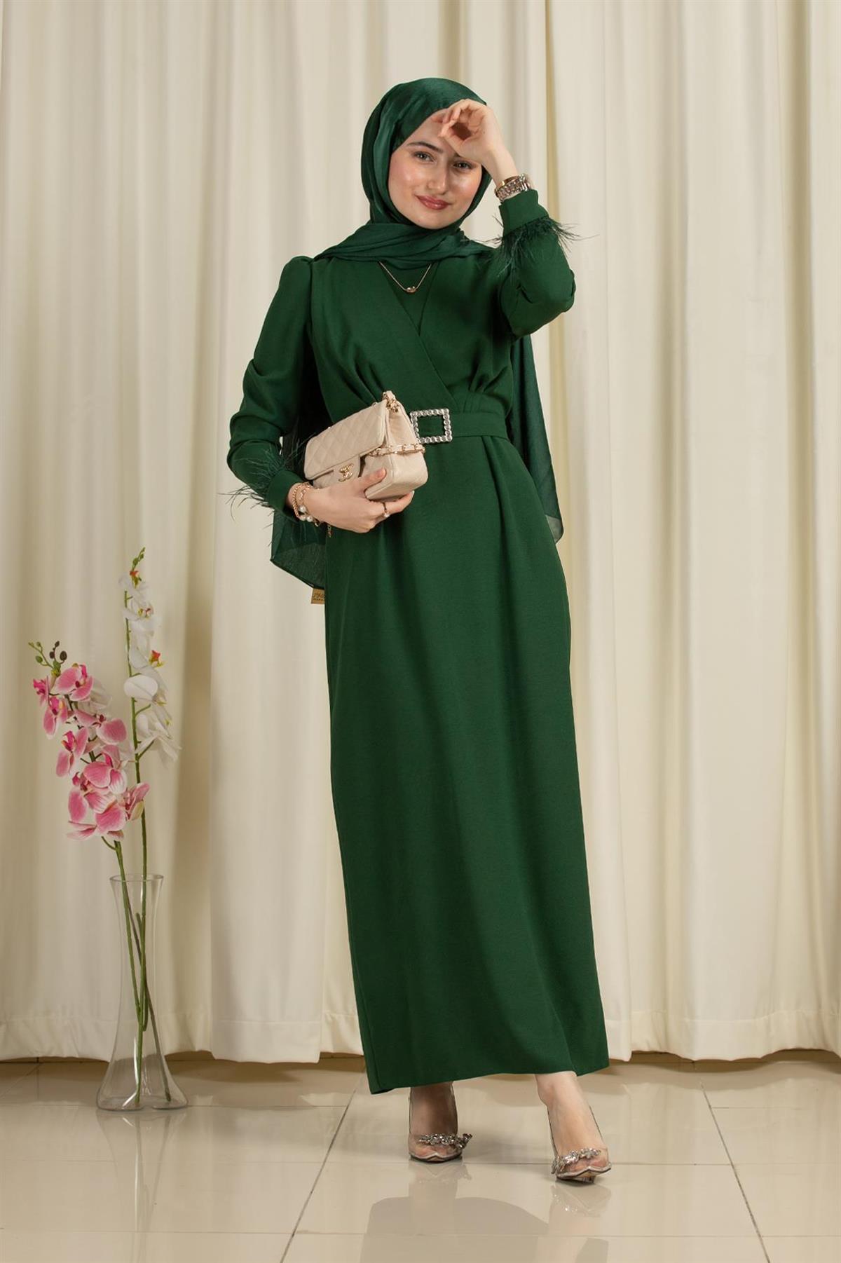 Venus Sleeve Feather Detail Evening Dress-Emerald Green