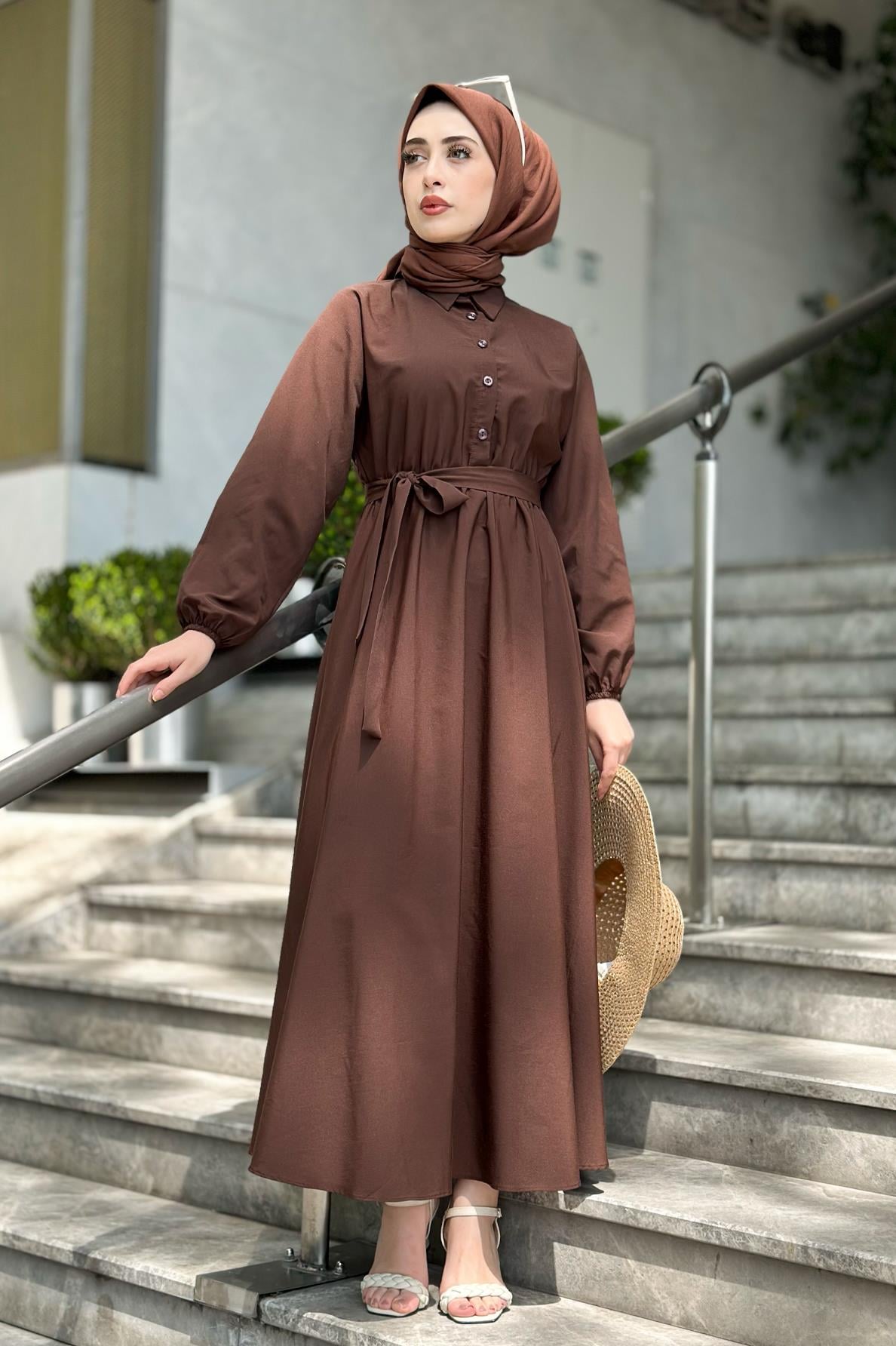 Collared Whirling Dervish Model Dress-Brown