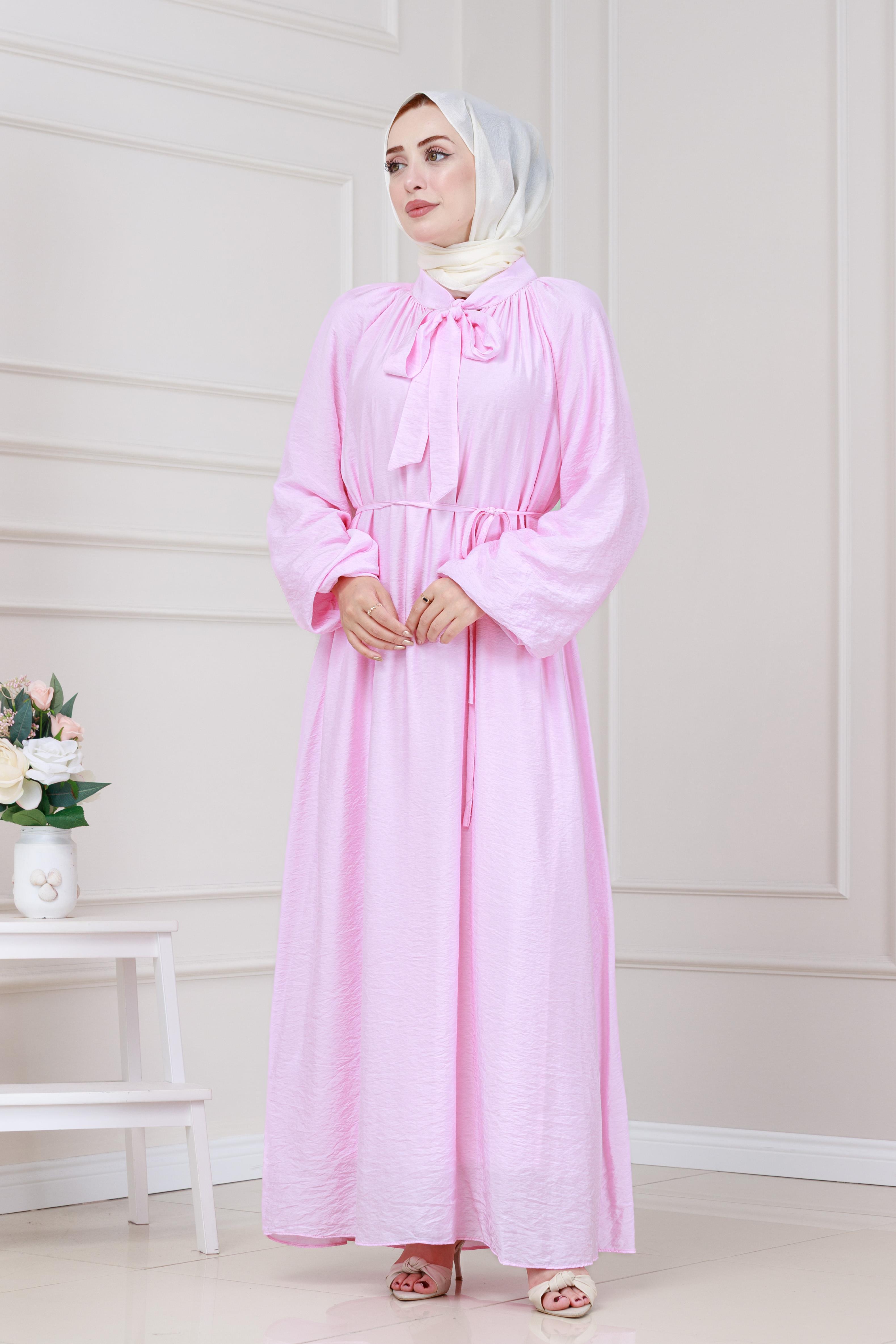 Yakası Bağcıklı Lara Elbise-Pembe