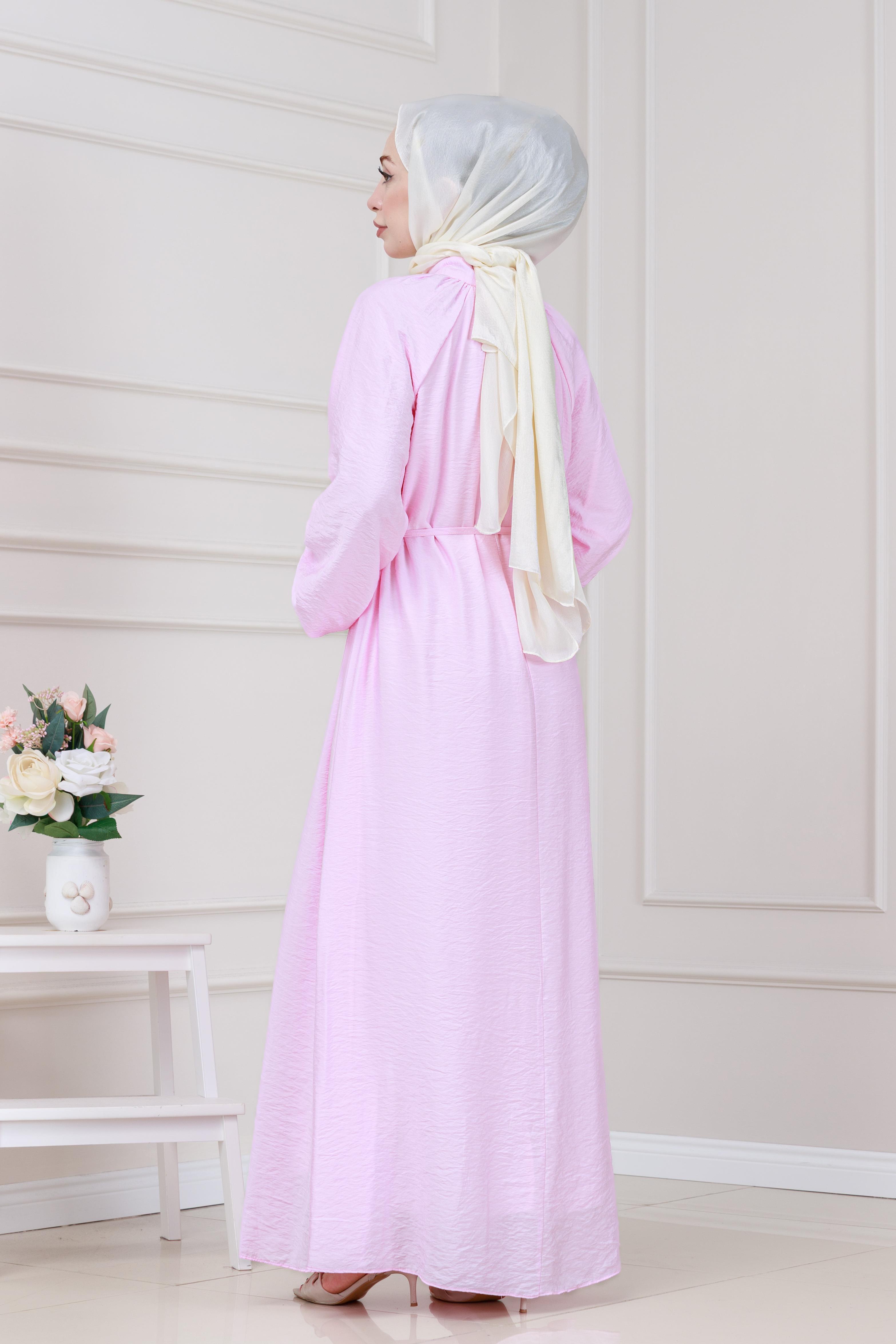 Yakası Bağcıklı Lara Elbise-Pembe