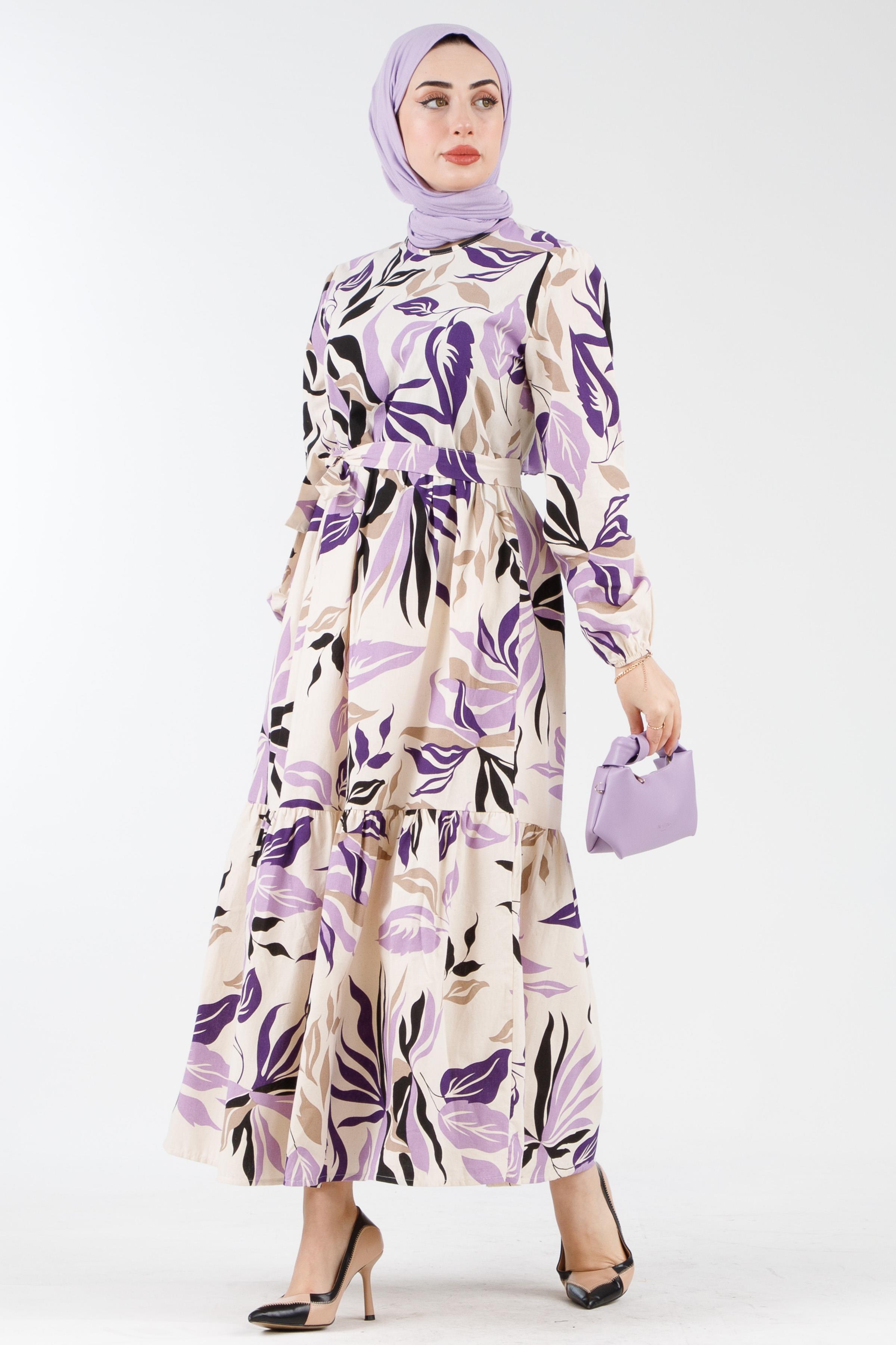 Biased Collar Patterned Dress - Purple