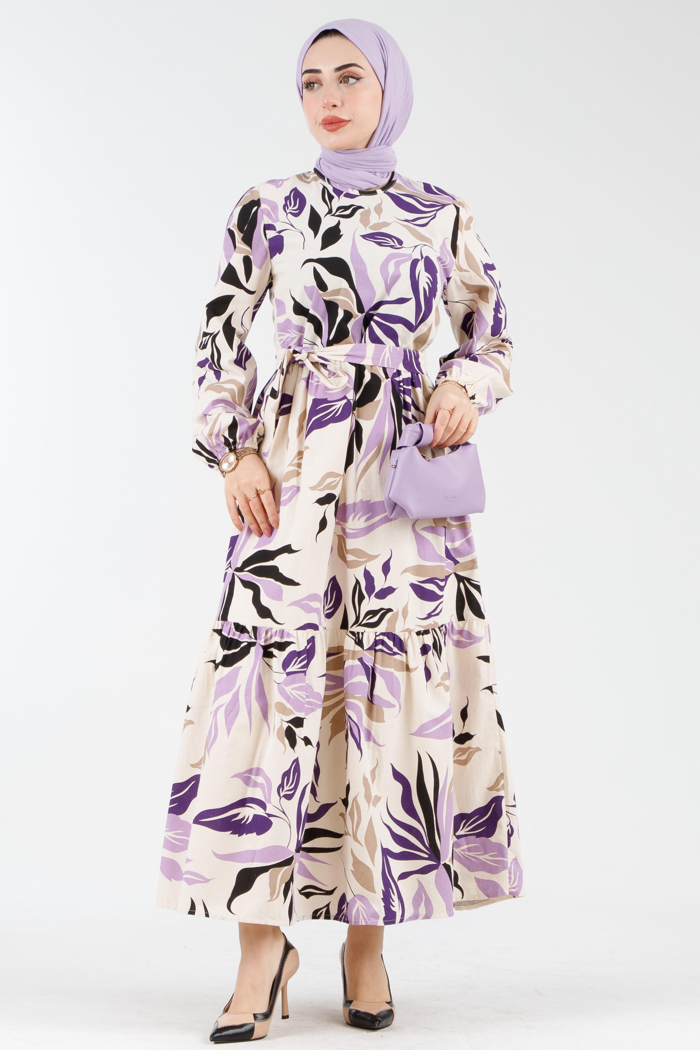 Biased Collar Patterned Dress - Purple