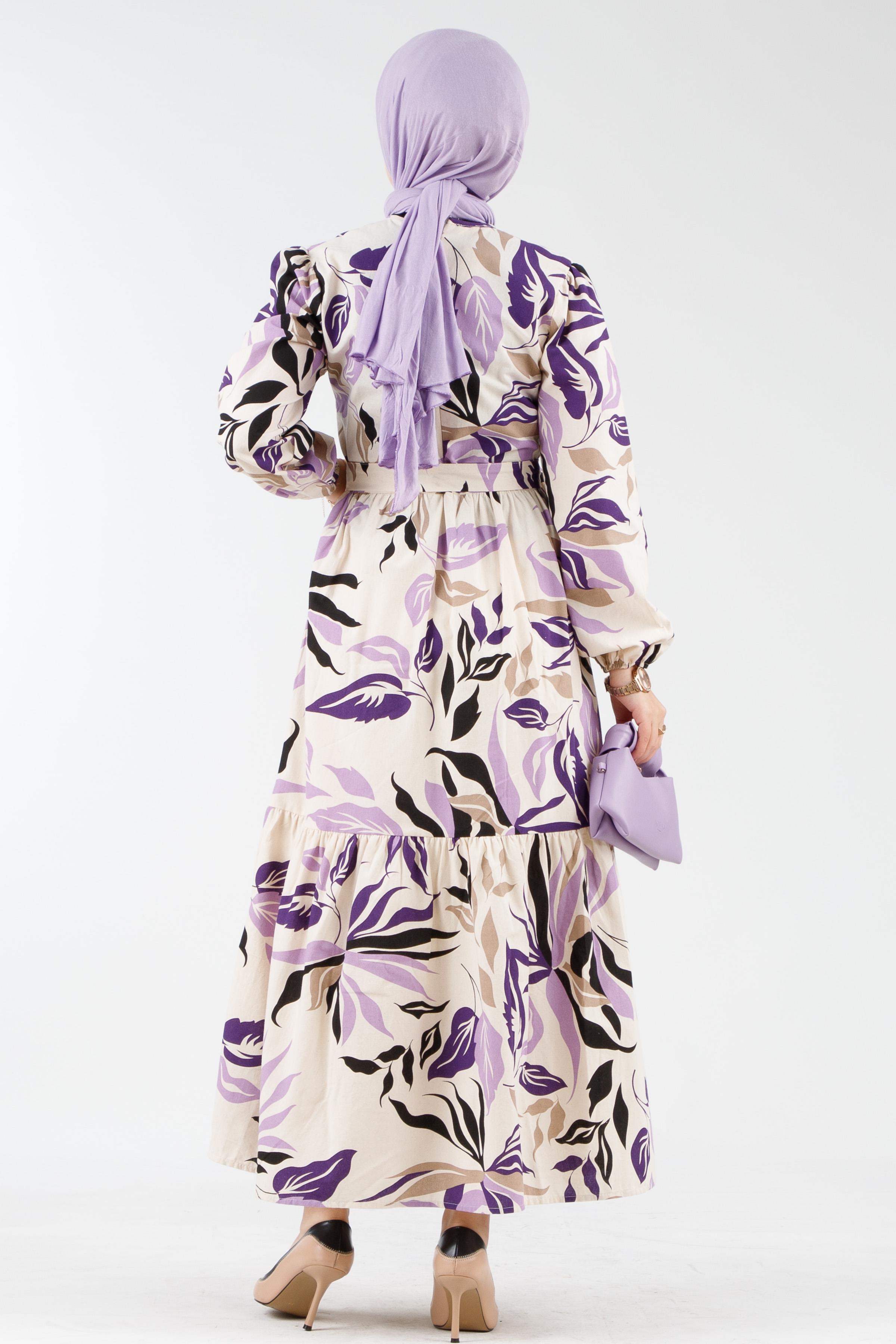 Biased Collar Patterned Dress - Purple