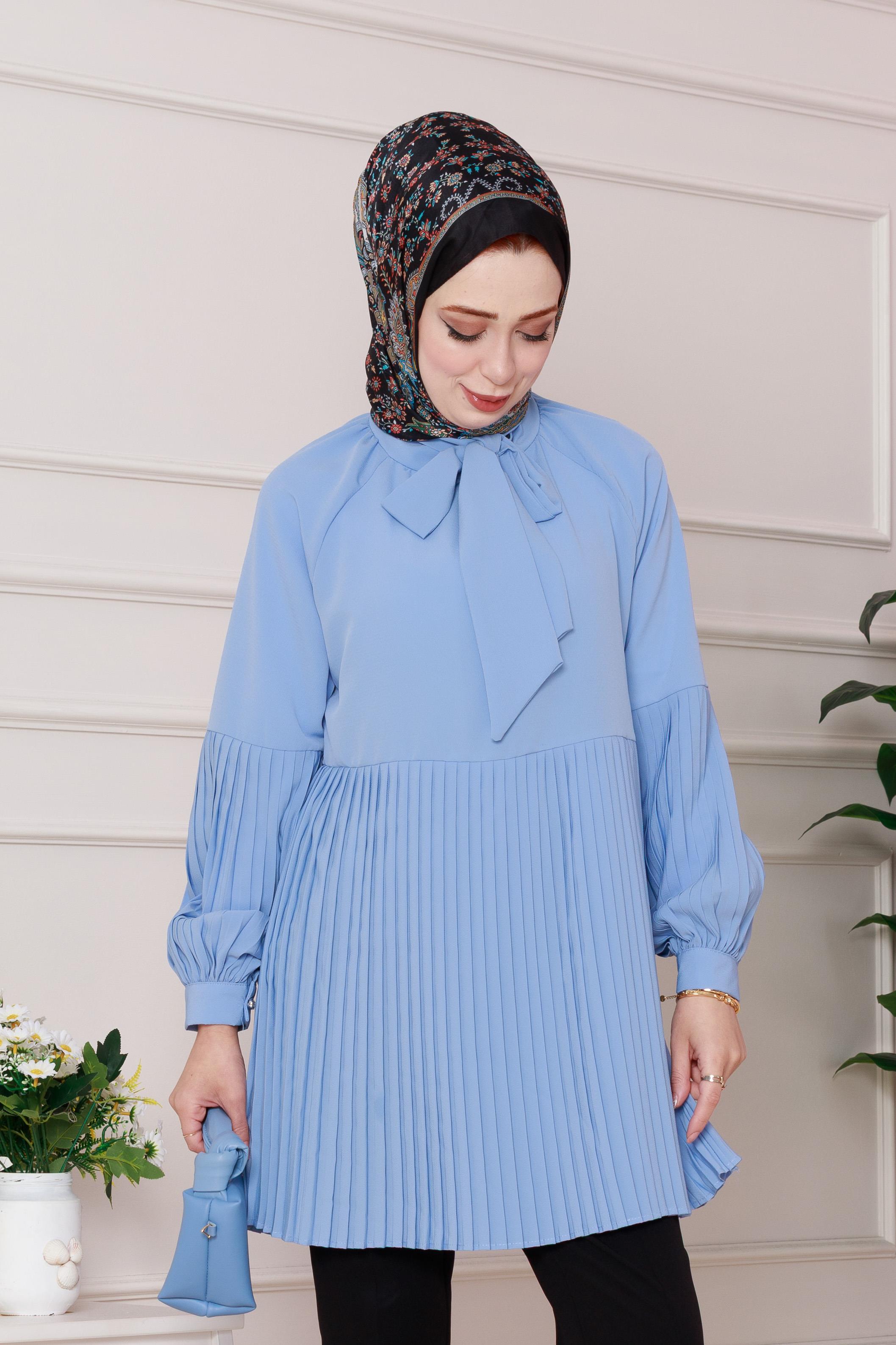 Yakası Fiyonk Detaylı Piliseli Tunik-Bebe mavi
