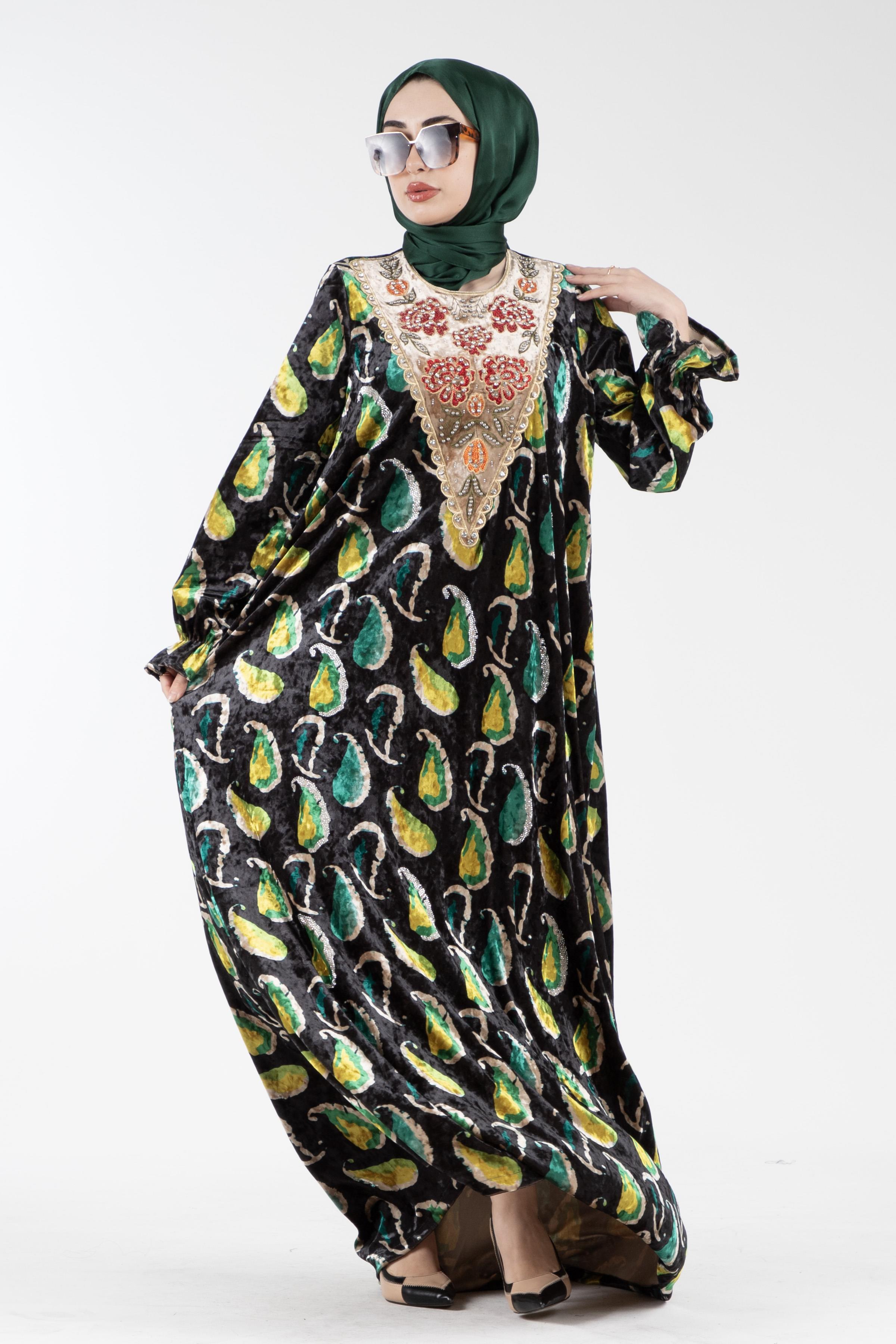 Embroidered Collar Velvet Dress with Shawl Pattern - Emerald Green