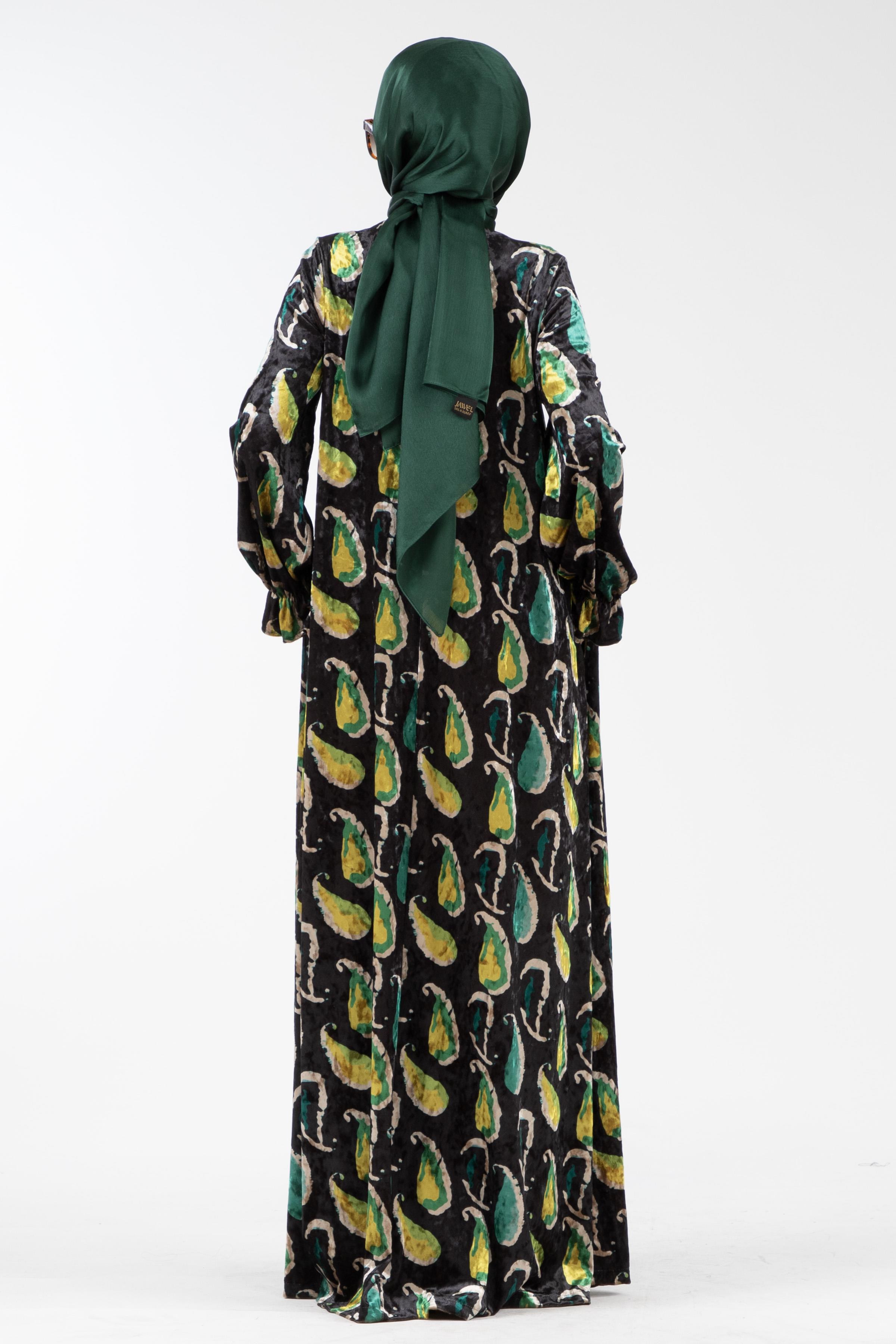 Embroidered Collar Velvet Dress with Shawl Pattern - Emerald Green