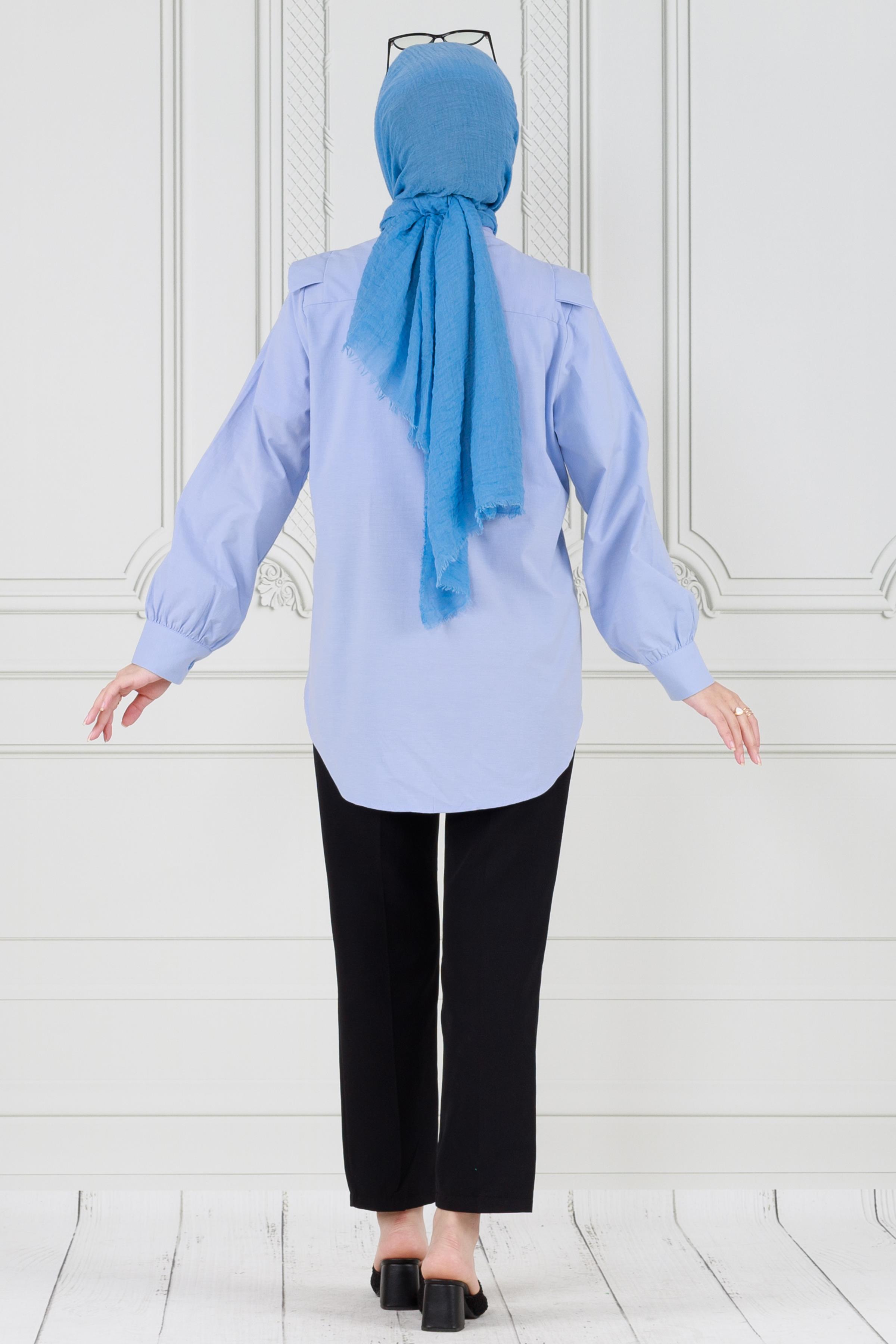 Yakası Kat Detaylı poplin Tunik-Bebe mavi
