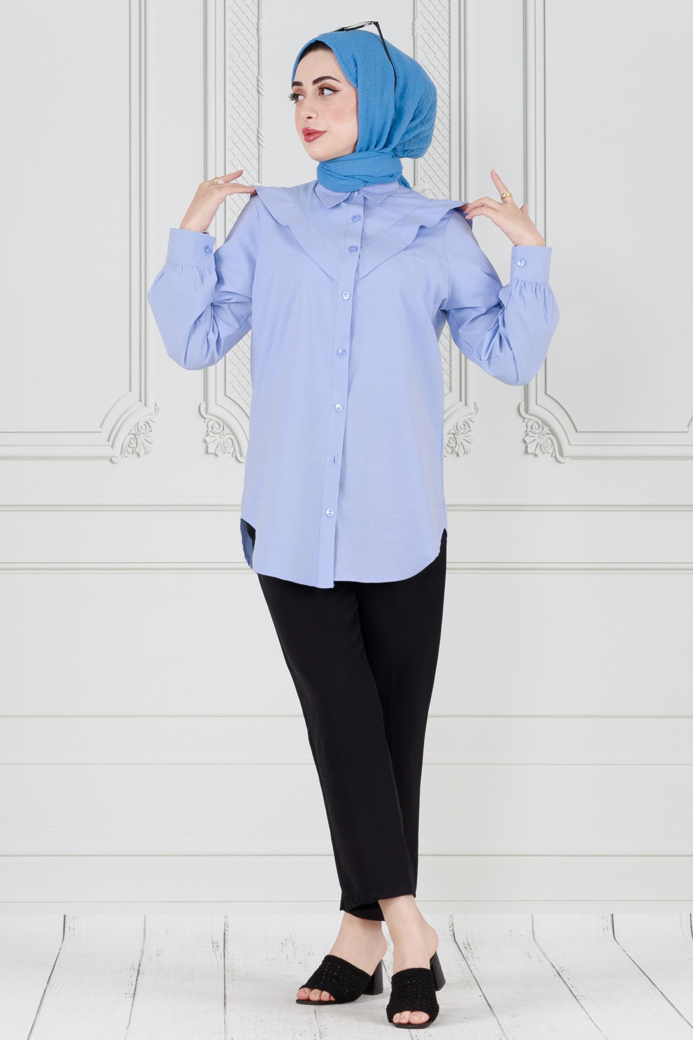Yakası Kat Detaylı poplin Tunik-Bebe mavi