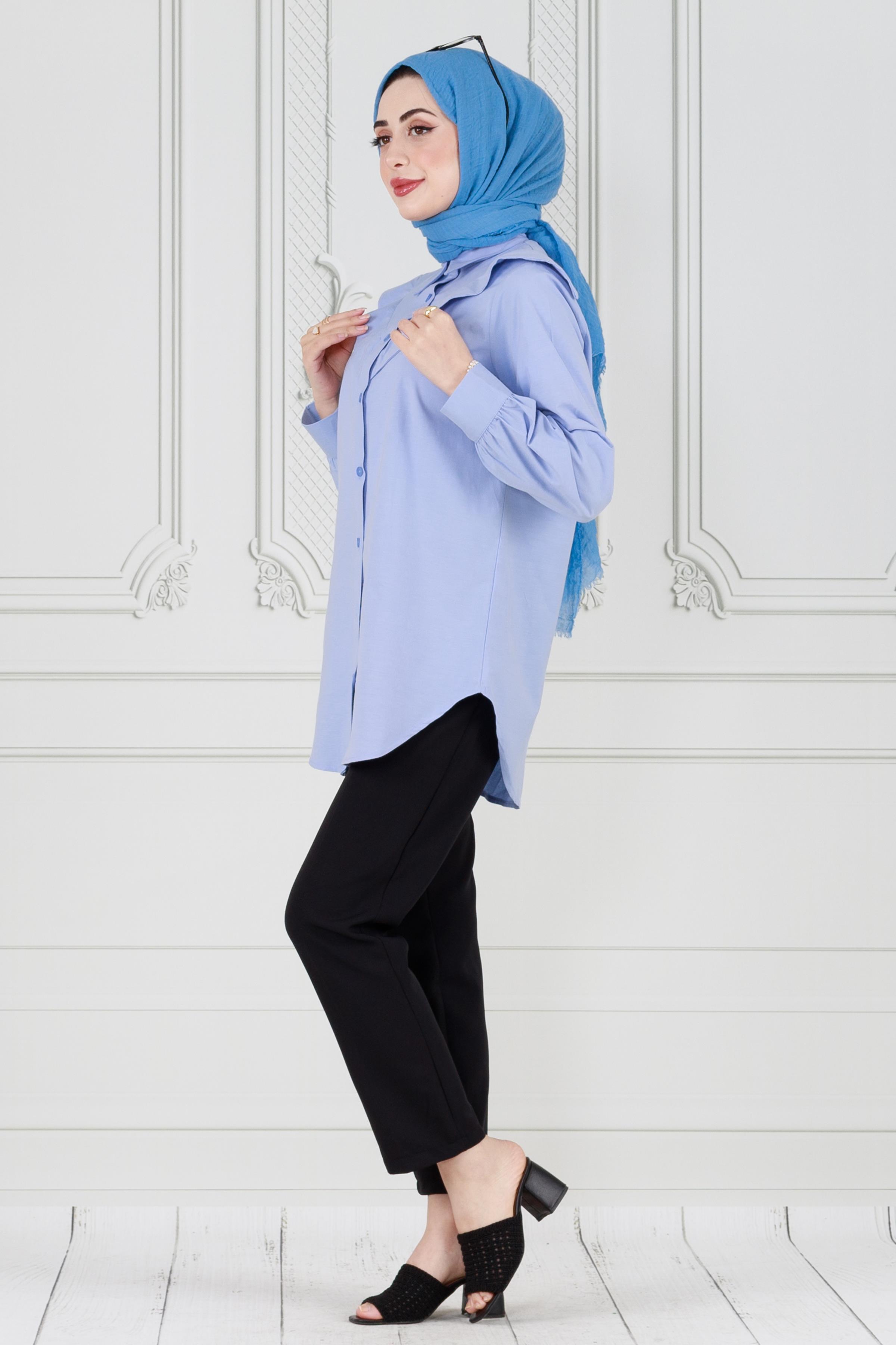 Yakası Kat Detaylı poplin Tunik-Bebe mavi