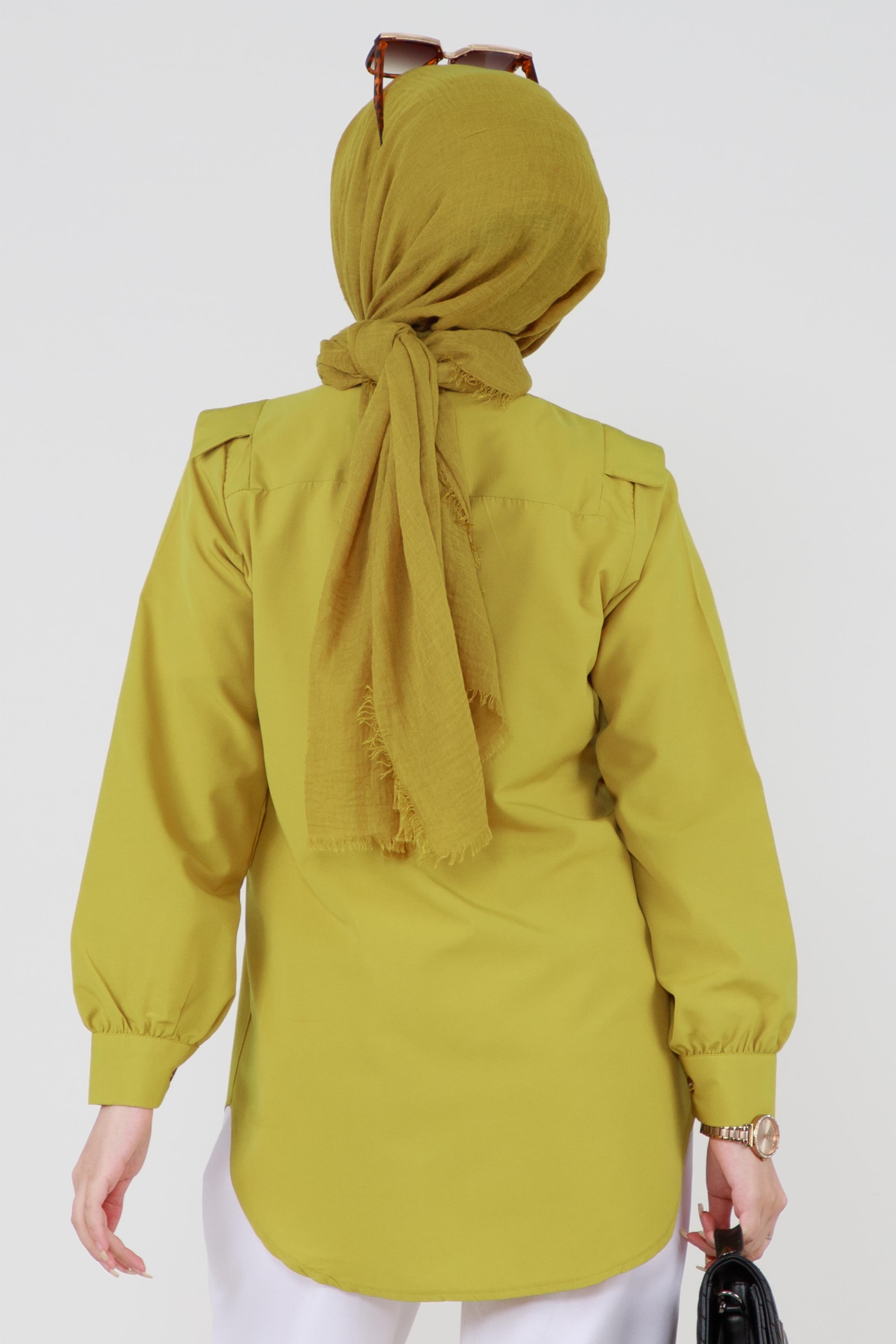 Yakası Kat Detaylı poplin Tunik-Fıstık Yeşili