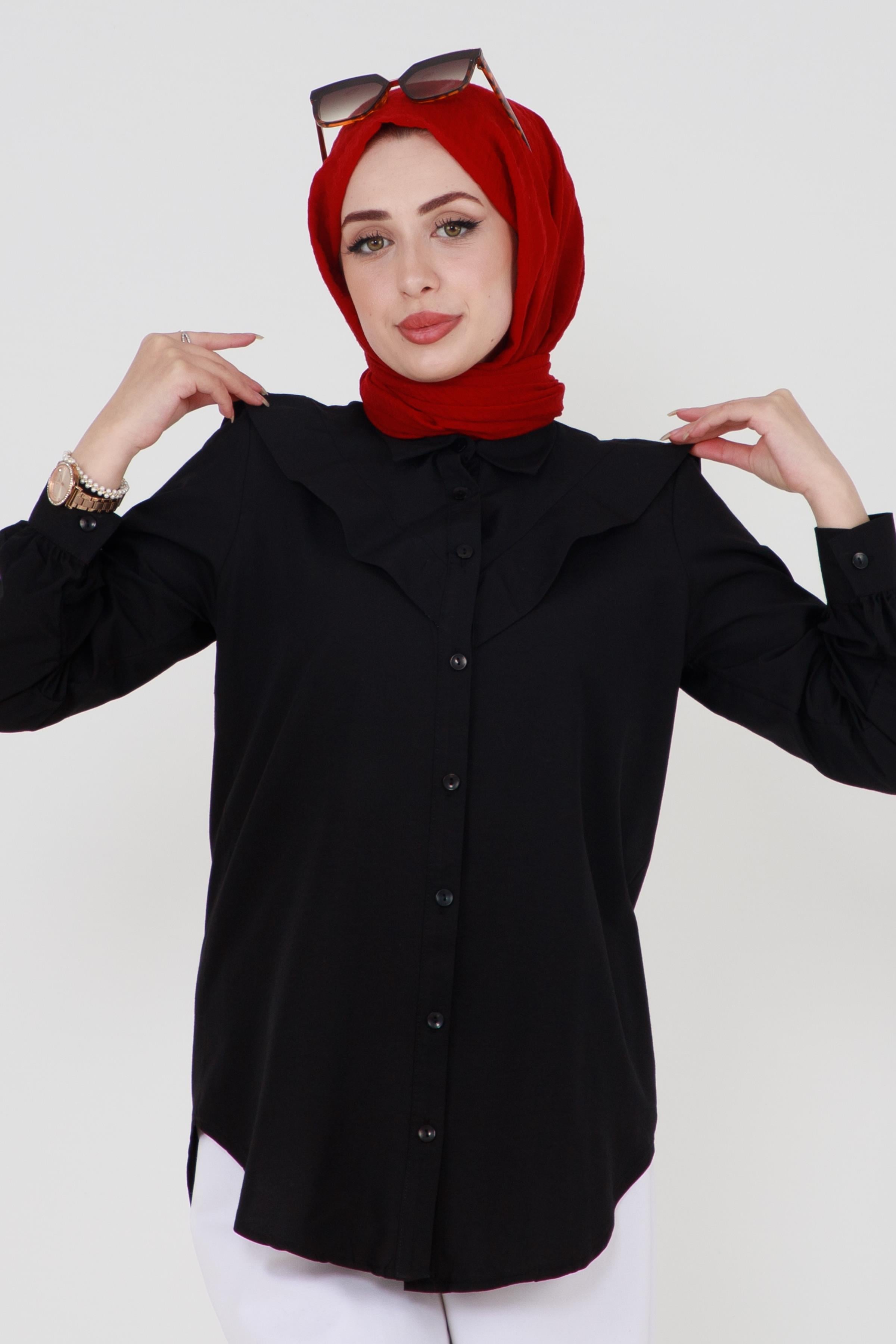  قميص باللون الأسود بأزرار أمامية سوداء