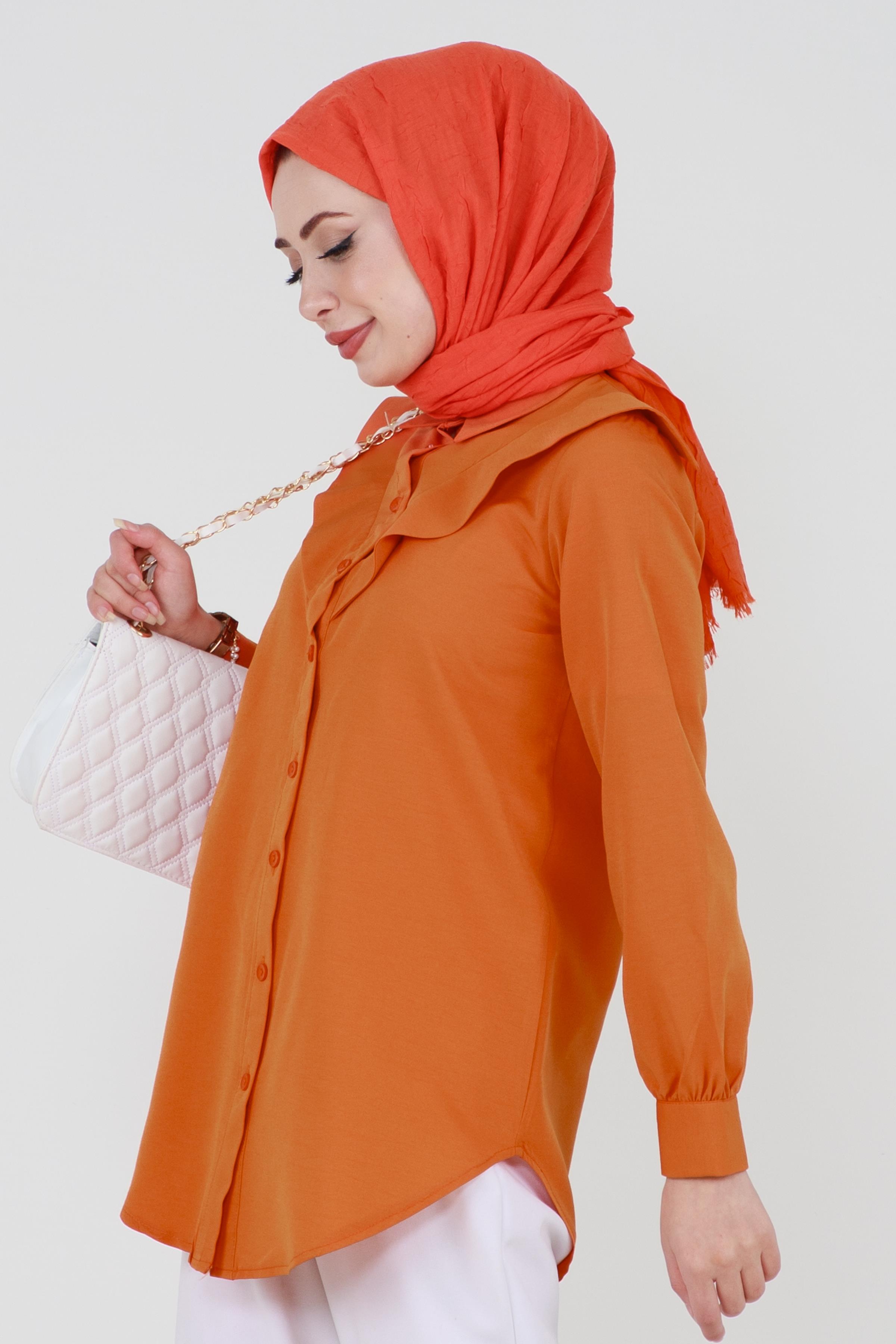 Yakası Kat Detaylı poplin Tunik-Turuncu