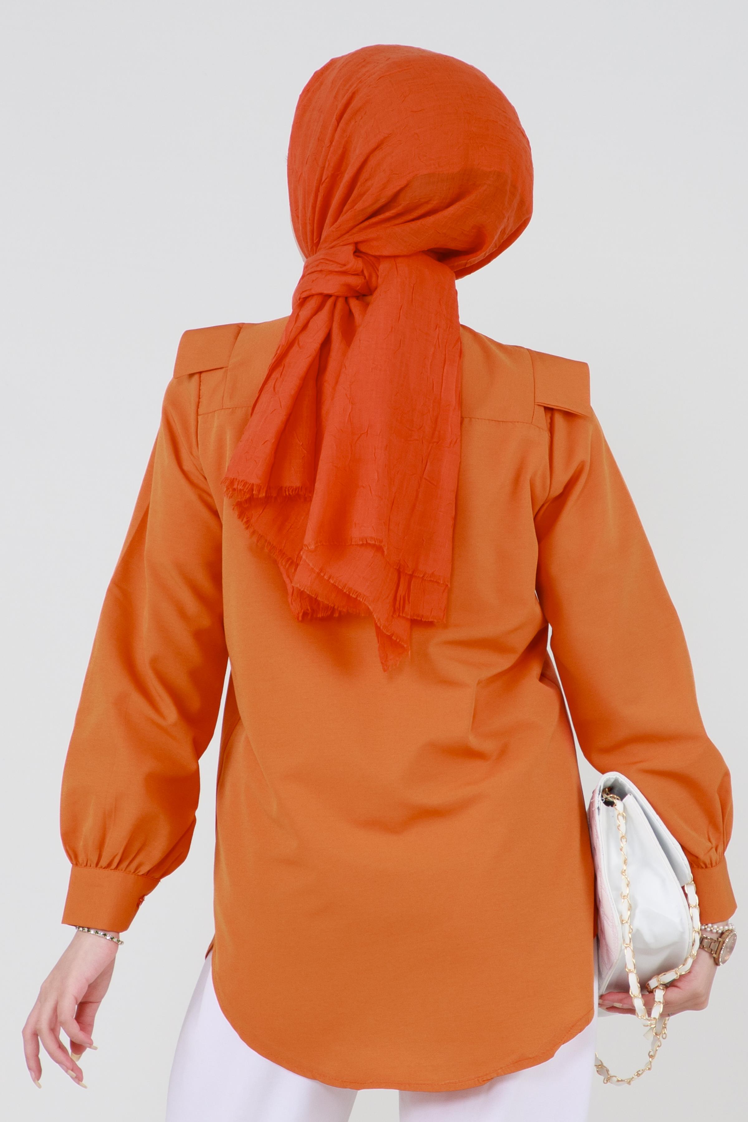 Yakası Kat Detaylı poplin Tunik-Turuncu
