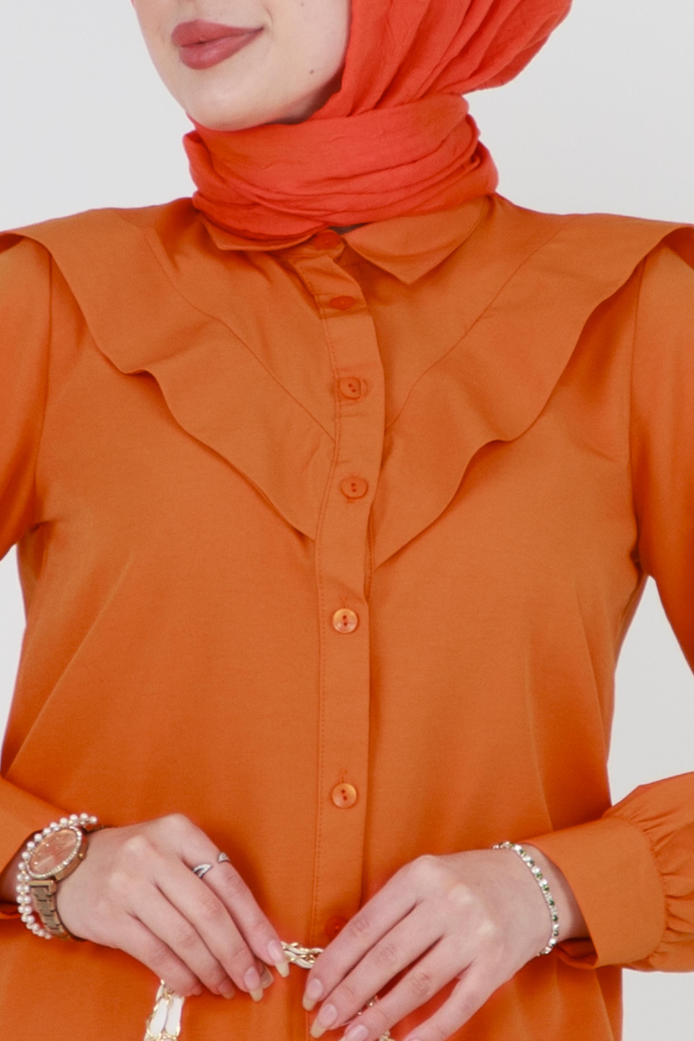 Yakası Kat Detaylı poplin Tunik-Turuncu