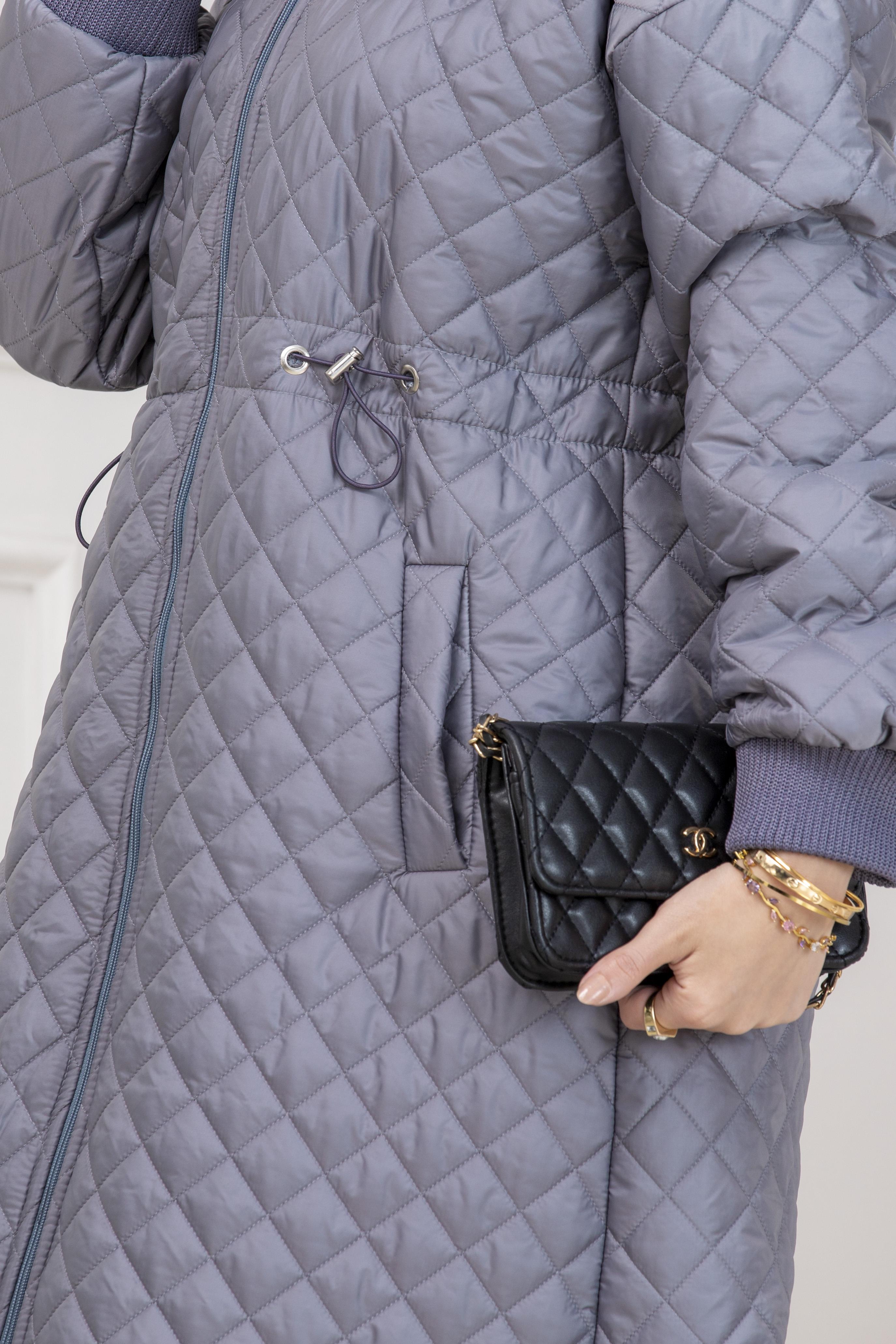 Yakası Kürklü Capitone Mont-GRİ