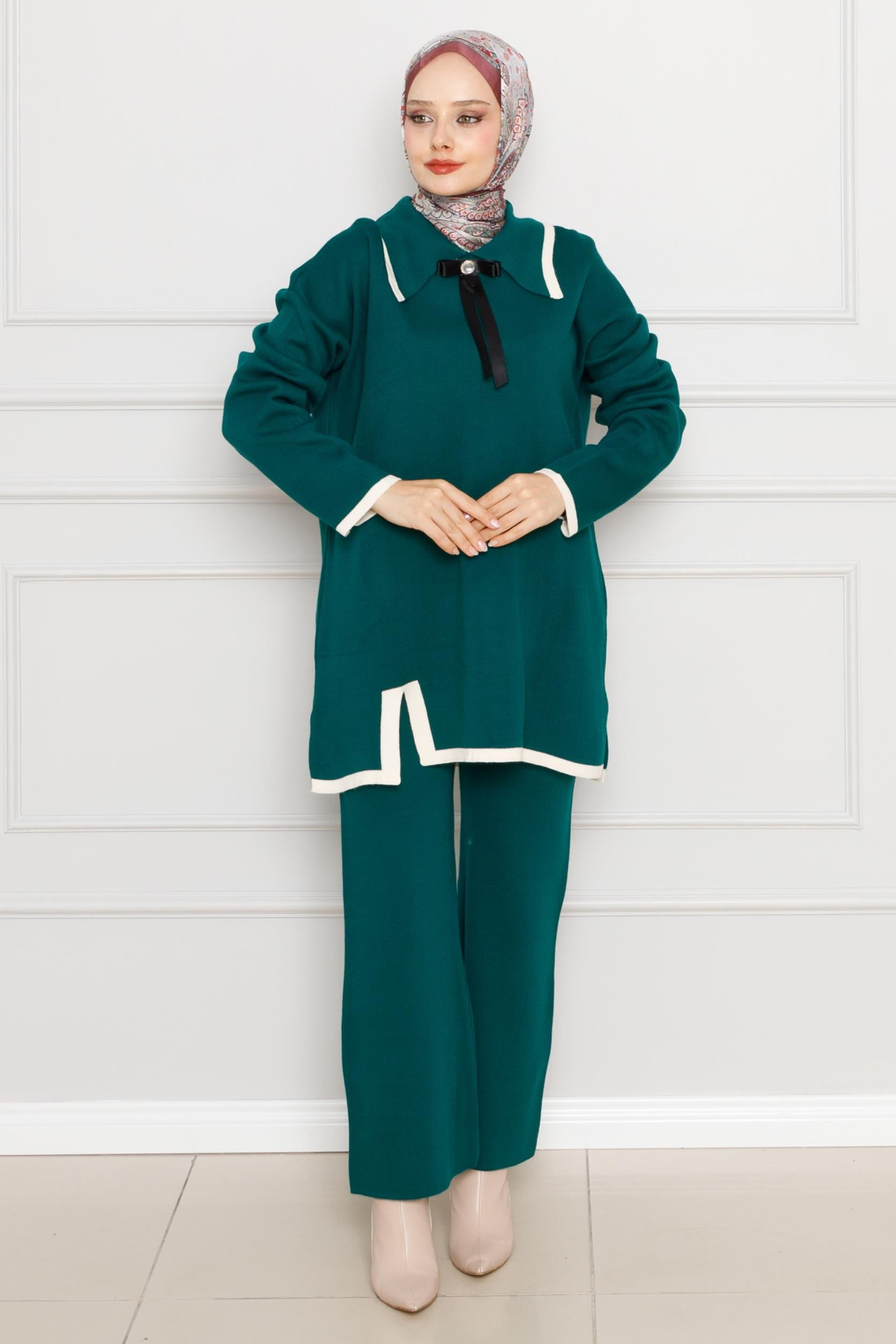 Bow Detailed Knitwear Suit-Petrol color