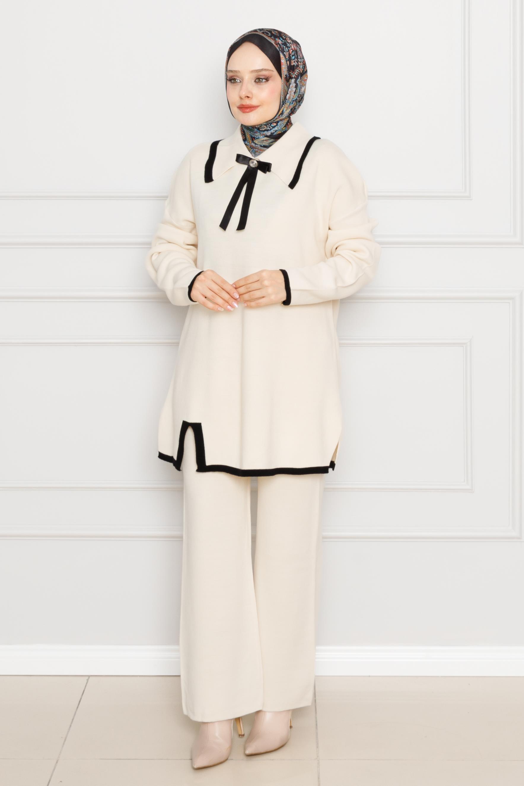 Bow Detailed Knitwear Suit-beige color