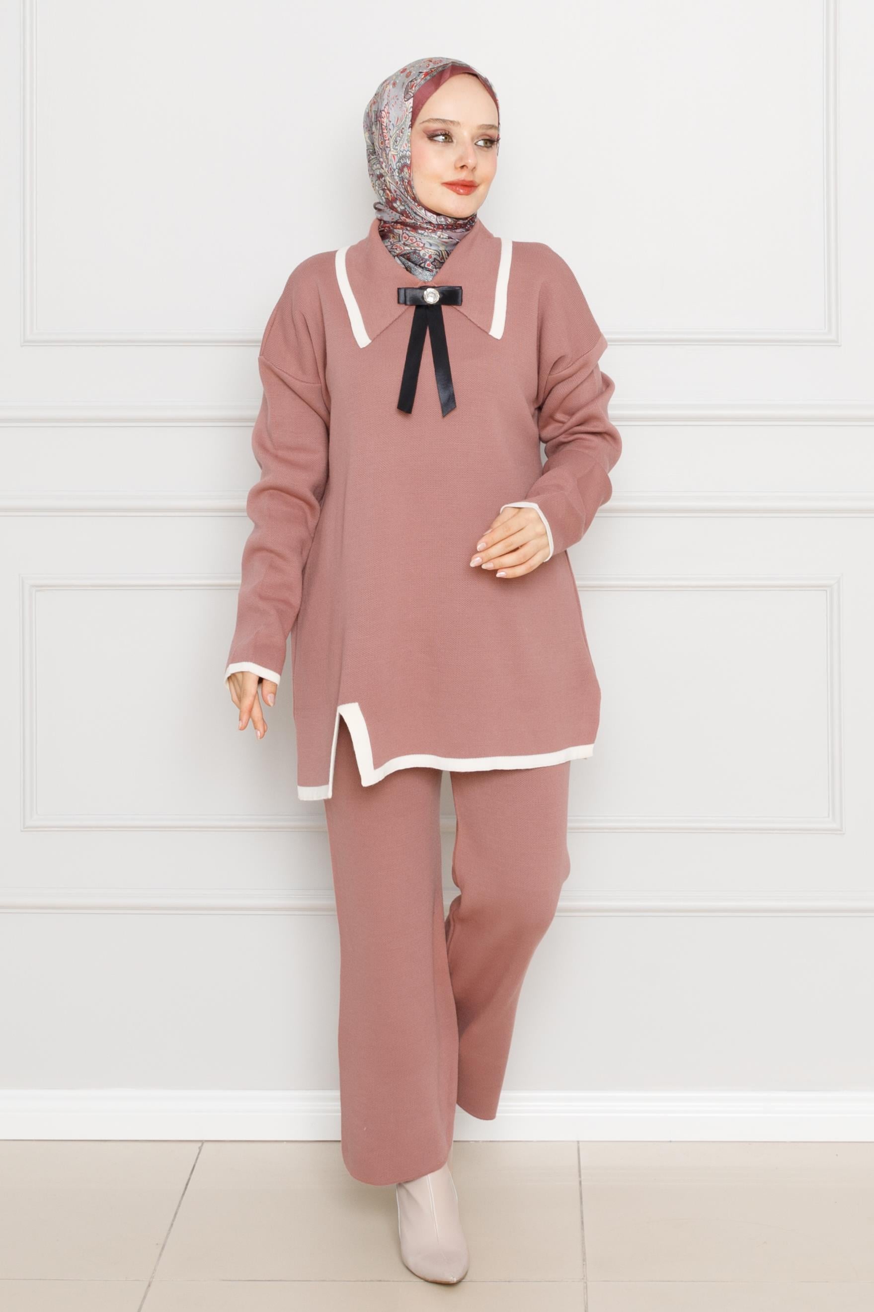 Bow Detailed Knitwear Suit-dry rose color
