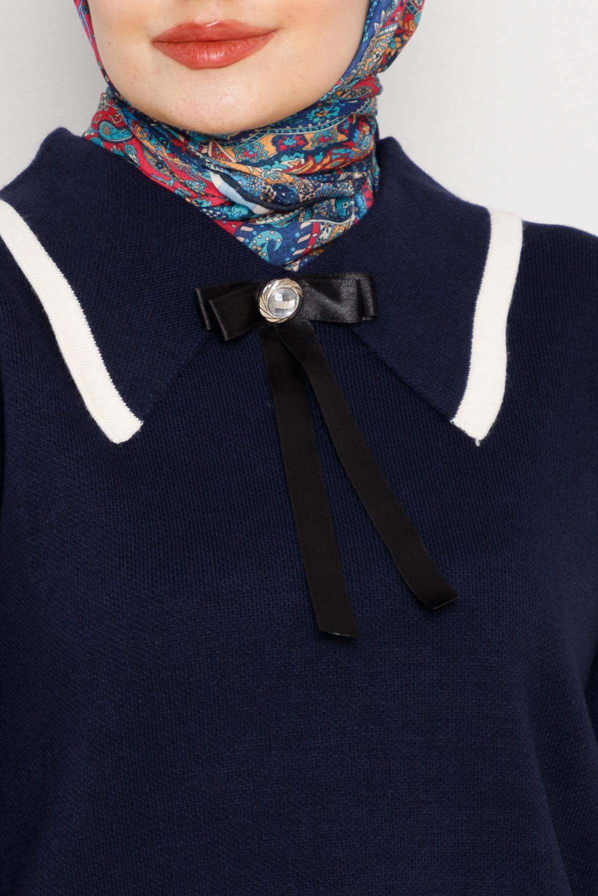 Bow Detailed Knitwear Suit-dark bleu color