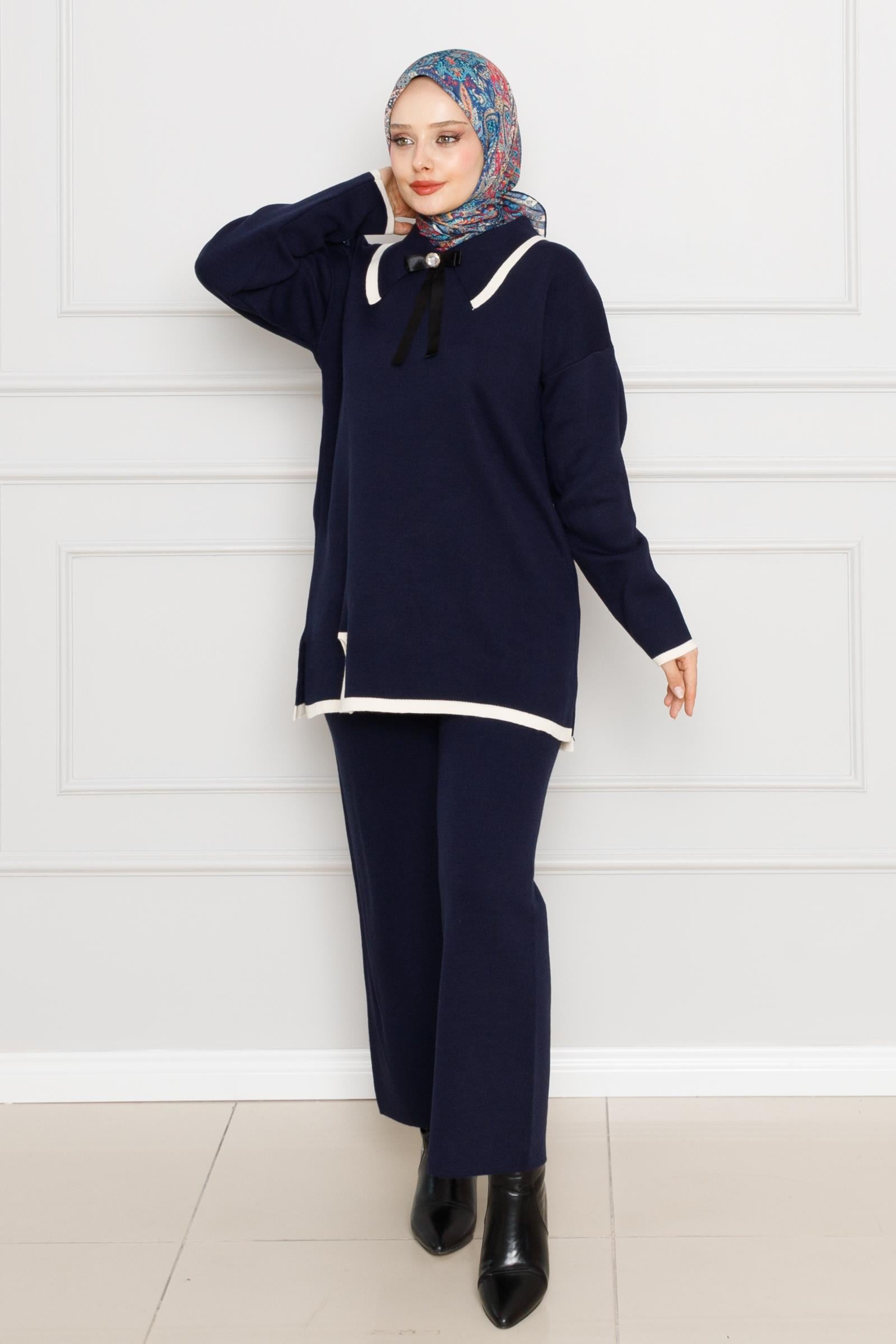 Bow Detailed Knitwear Suit-dark bleu color