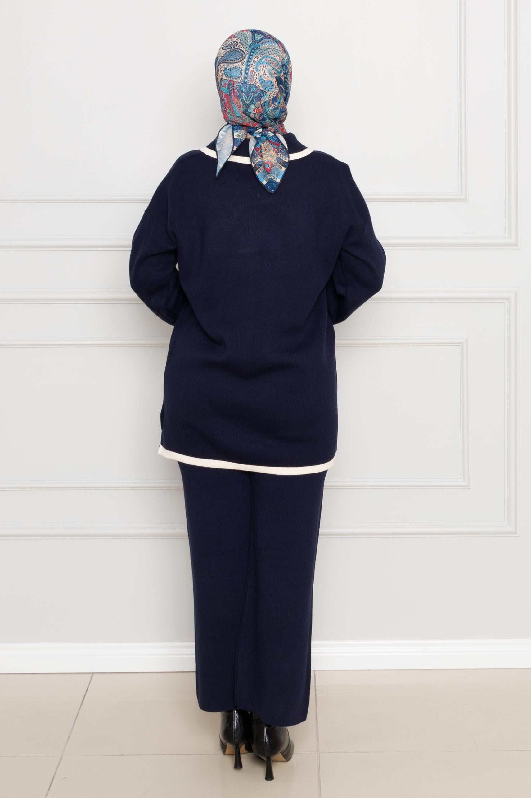 Bow Detailed Knitwear Suit-dark bleu color