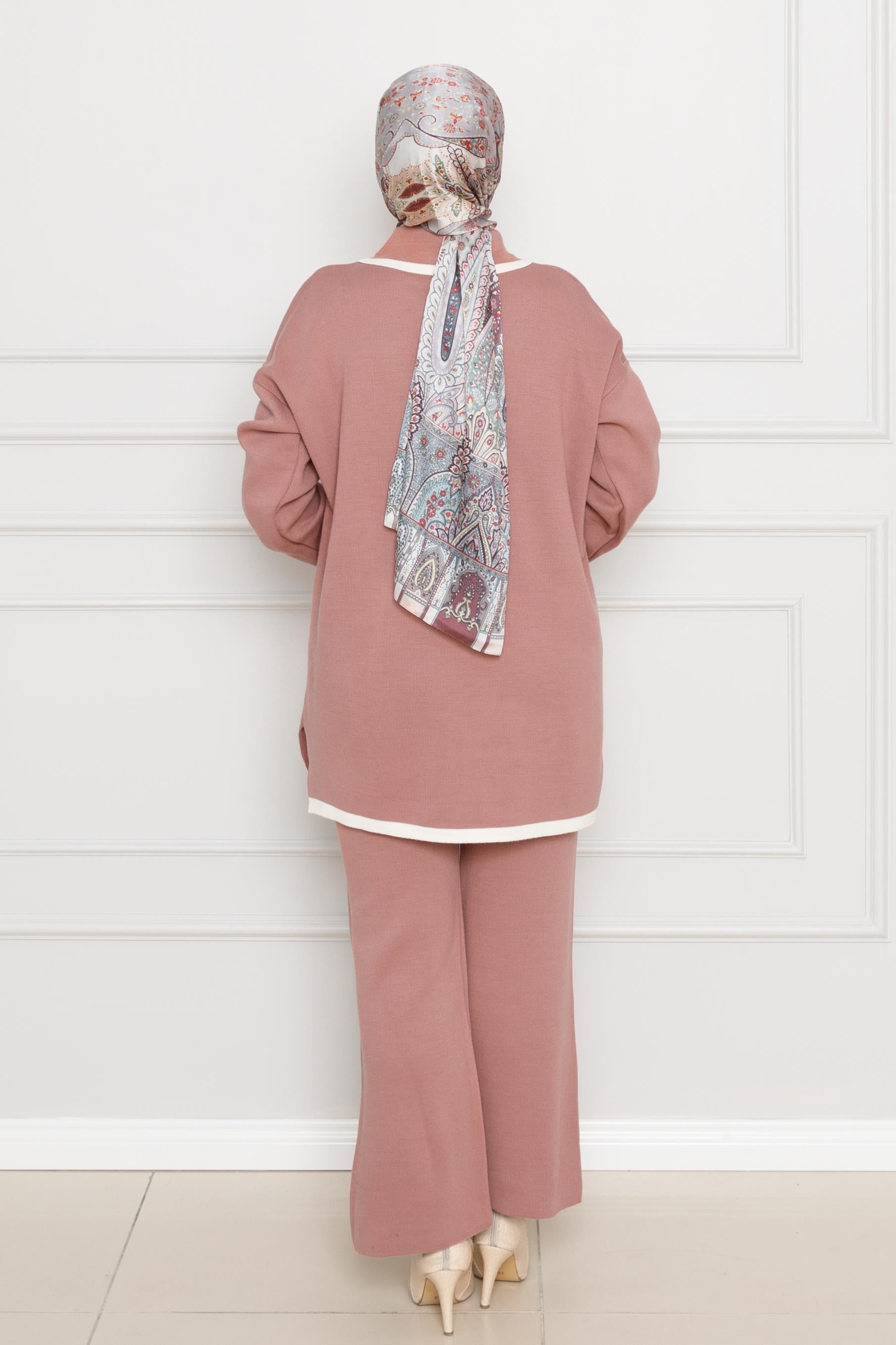 Bow Detailed Knitwear Suit-dry rose color