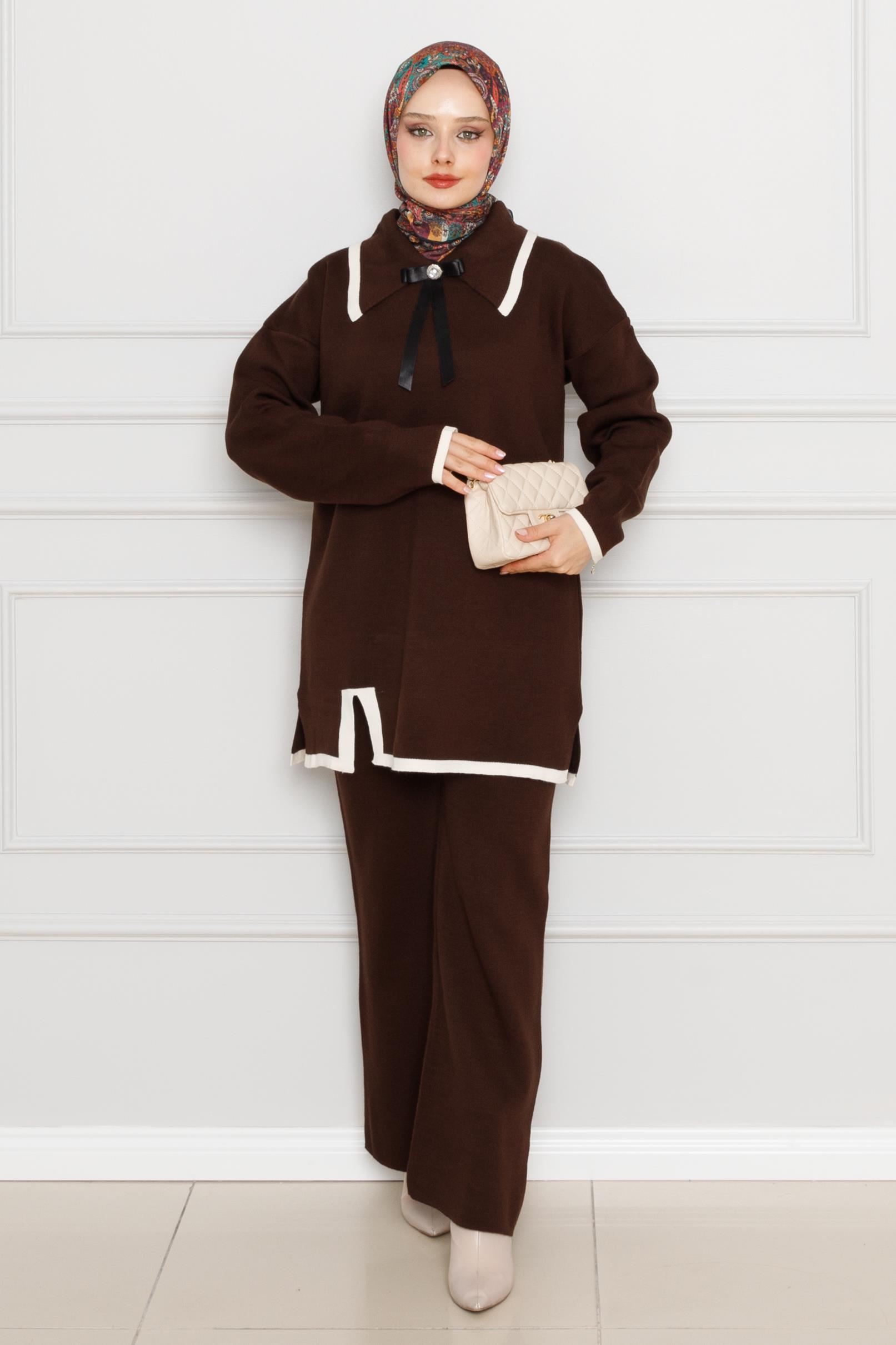 Bow Detailed Knitwear Suit-brown color