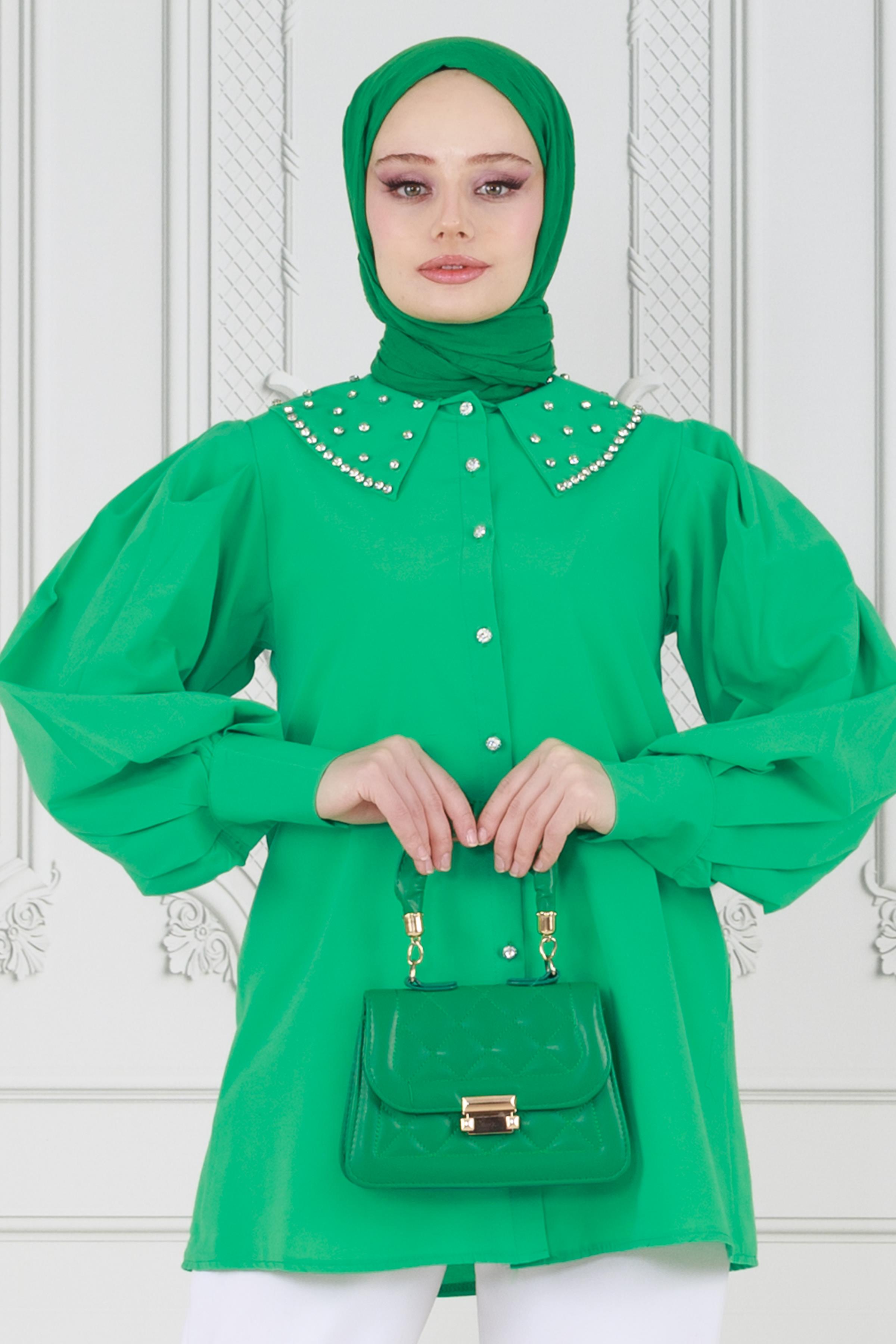 Yakası Taş Çakım Tunik-Benetton Yeşili