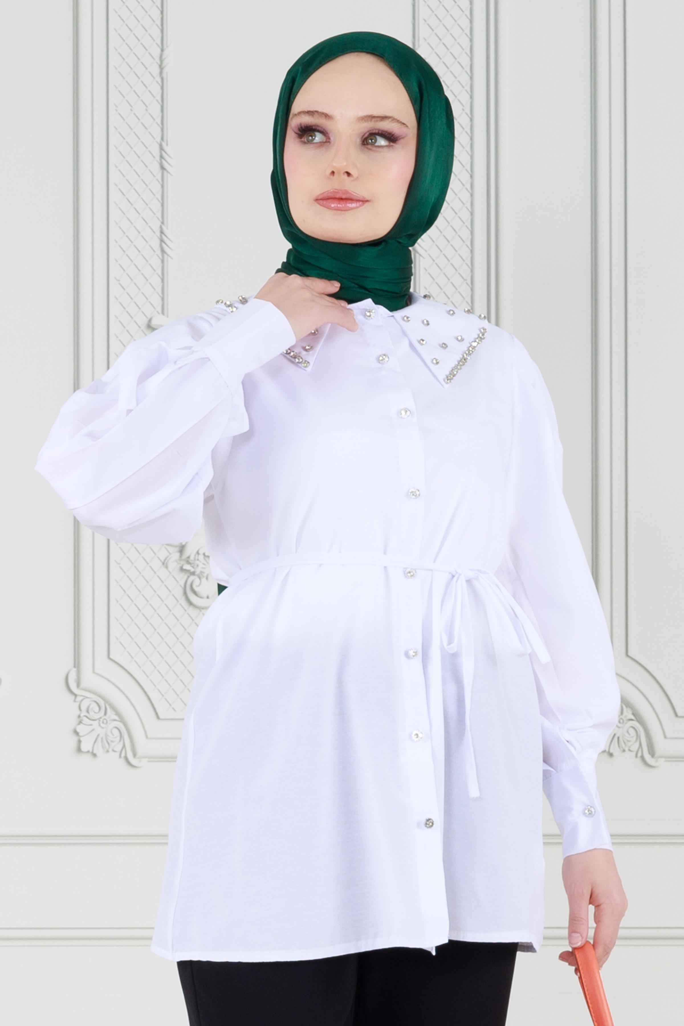 Yakası Taş Çakım Tunik-Beyaz