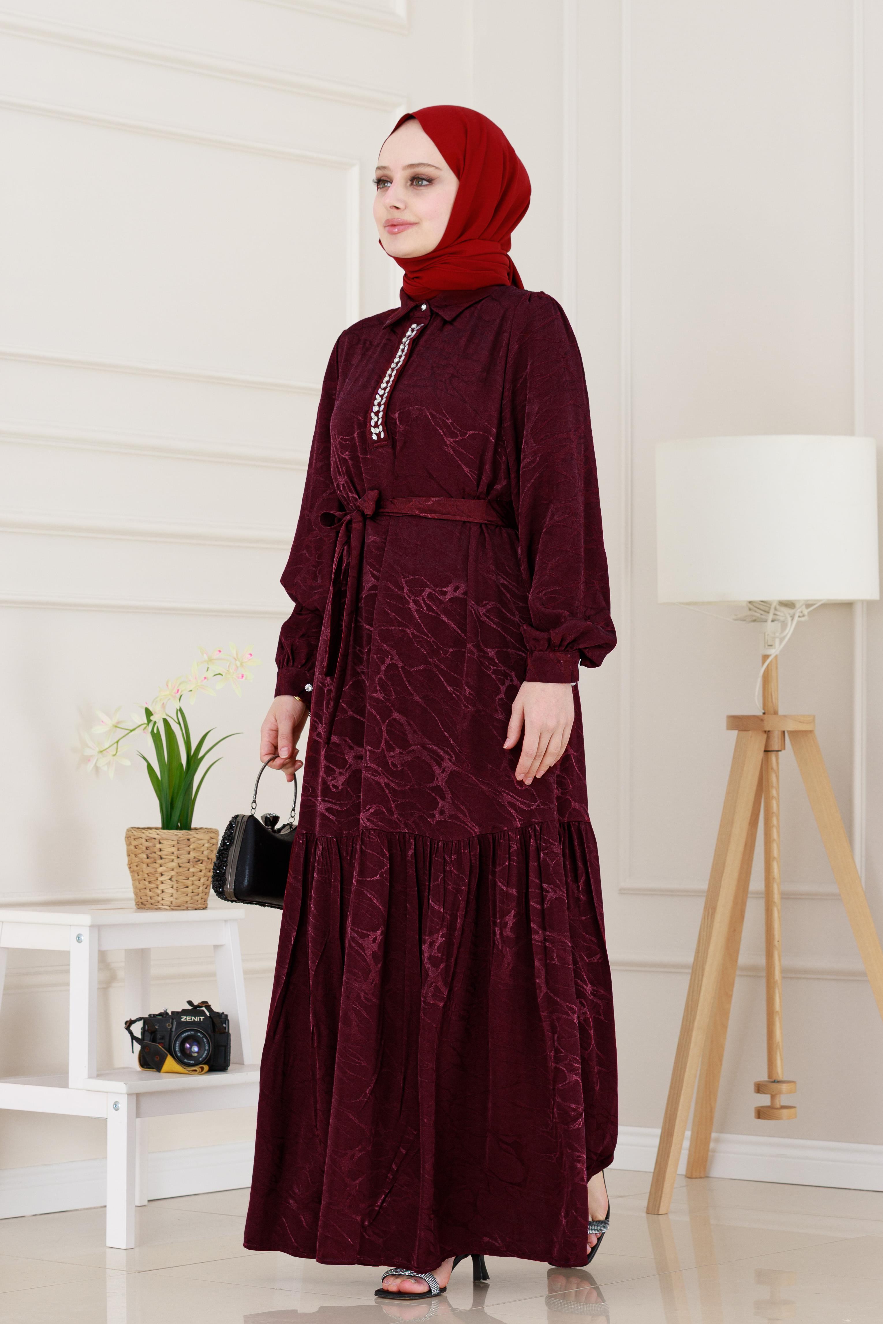 Yakası Taşlı Jakar Saten Abiye Elbise-Bordo