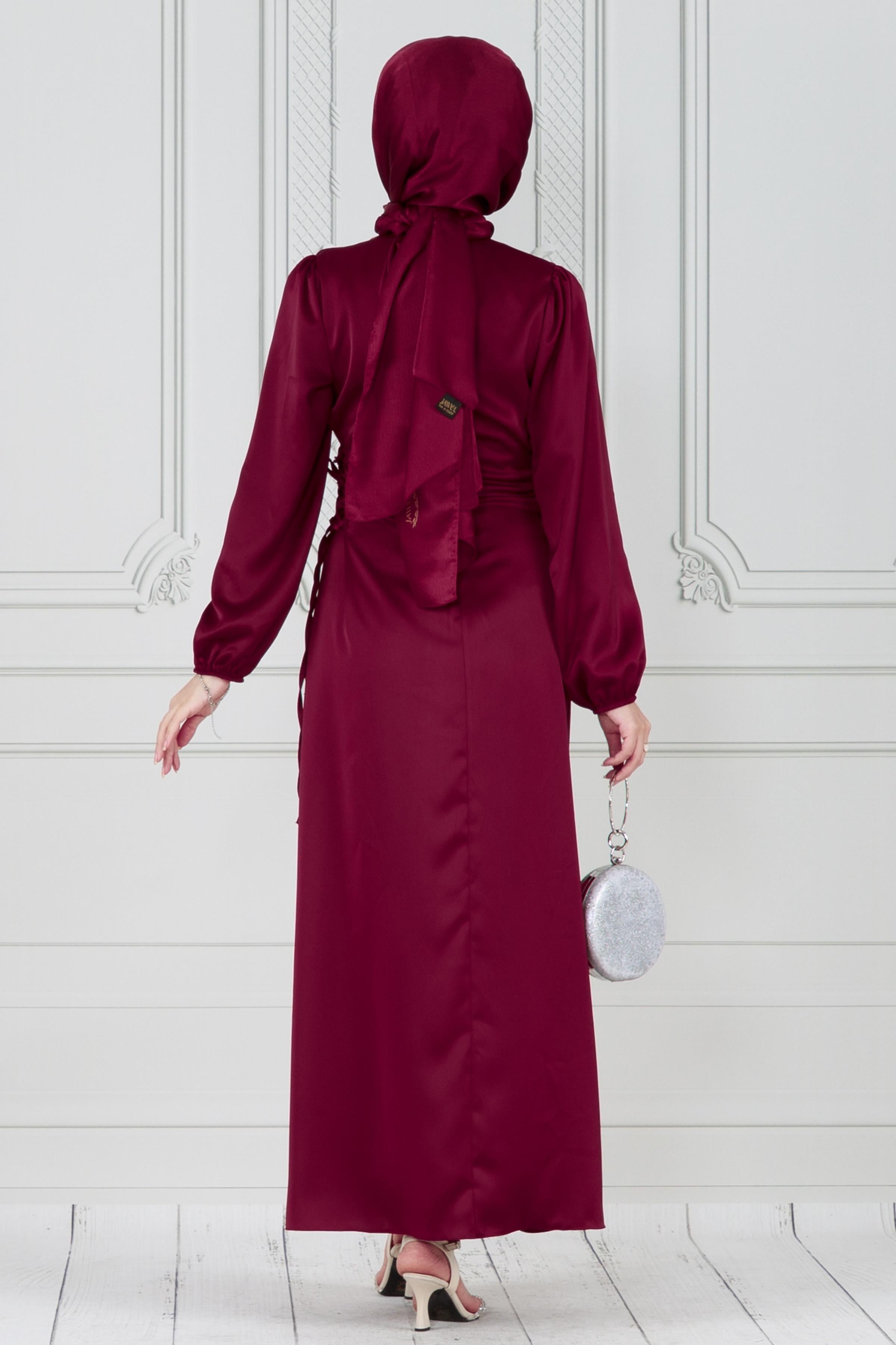 Side-Laced Satin Evening Gown-Burgundy