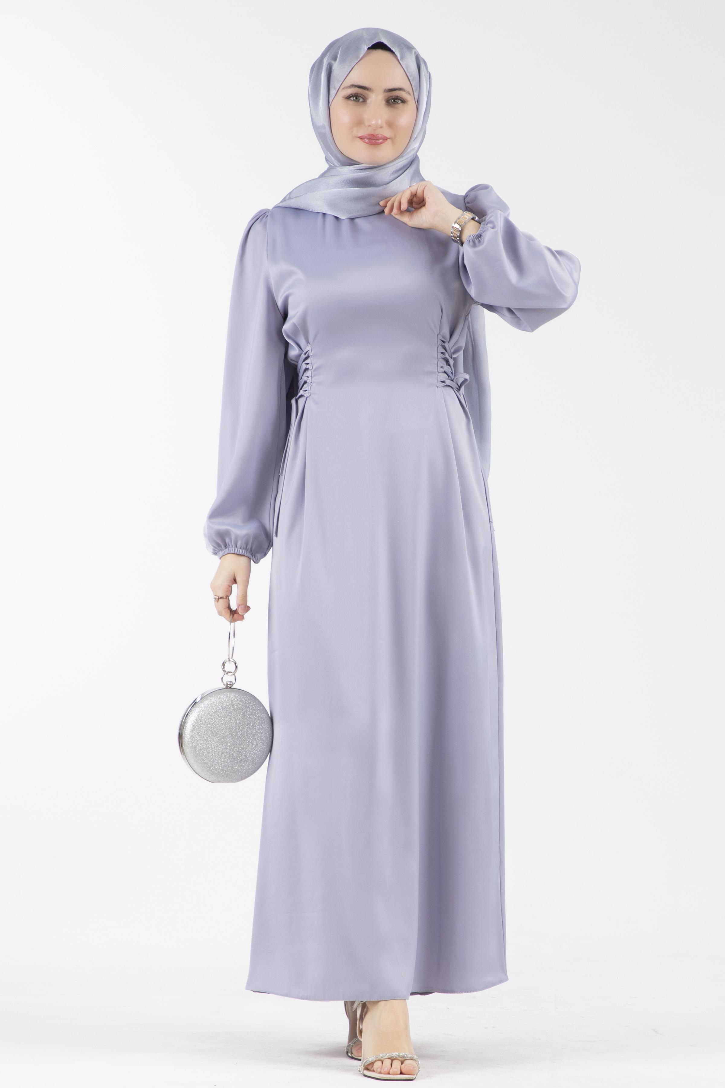 Yanı Bağcıklı Saten Abiye-Gri