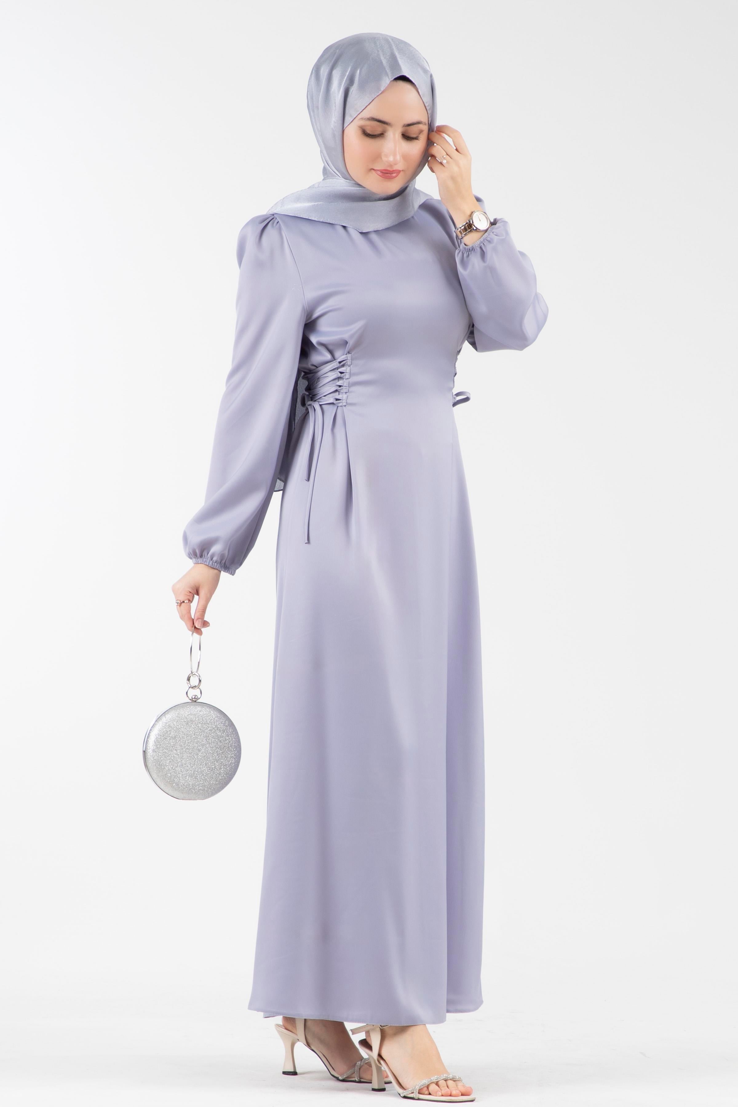 Yanı Bağcıklı Saten Abiye-Gri