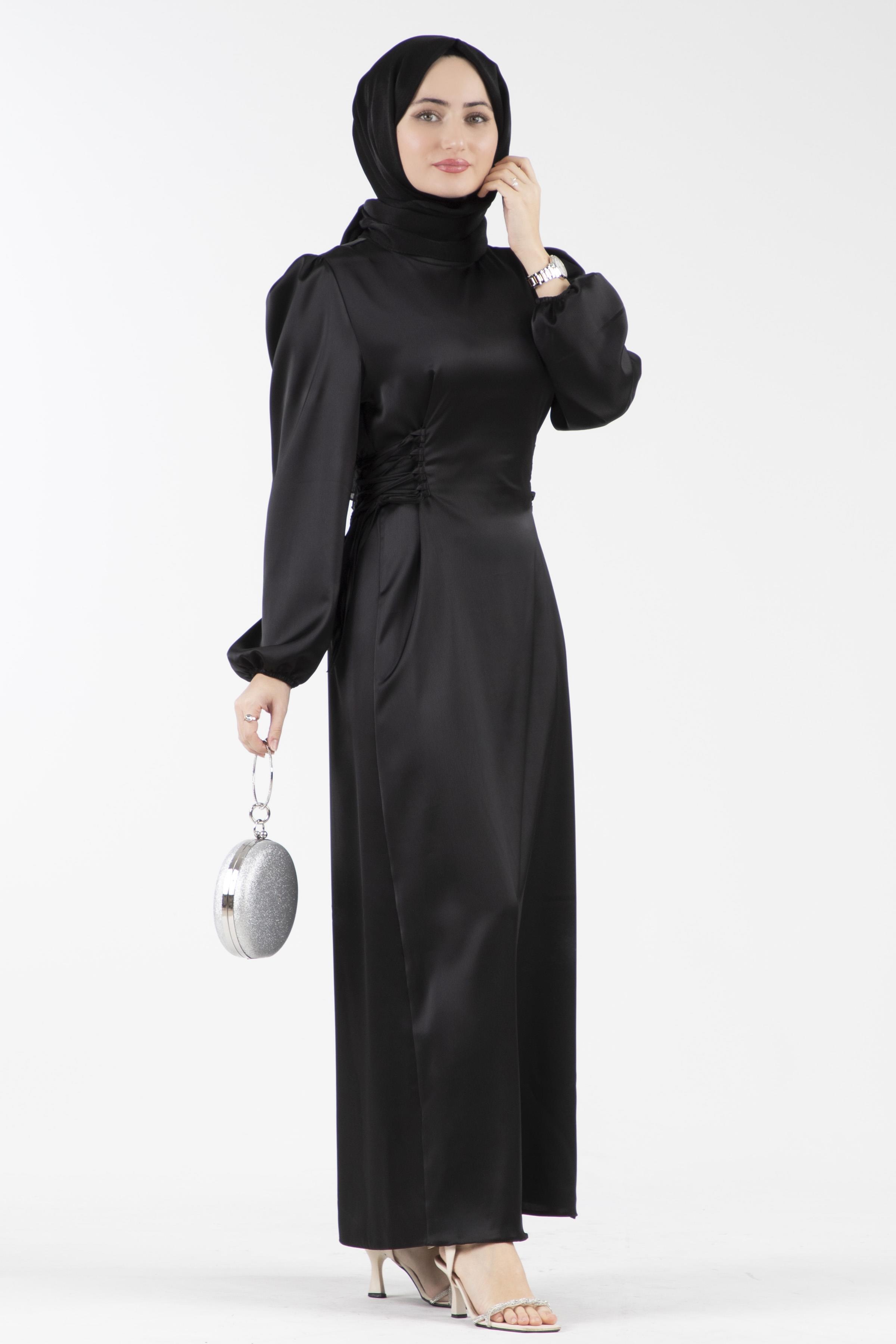 Yanı Bağcıklı Saten Abiye-Siyah