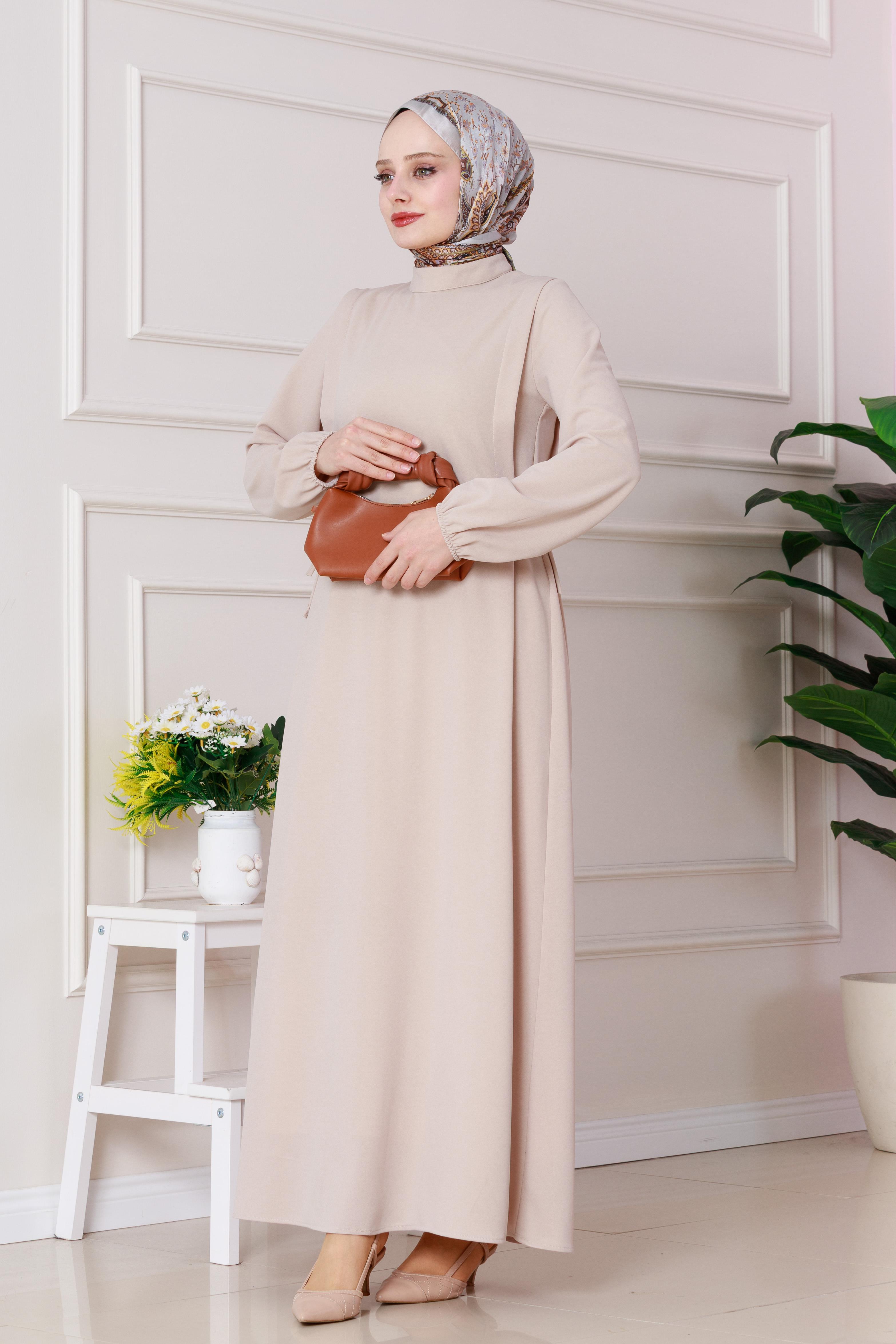 فستان بأربطة جانبية  - بيج اللون