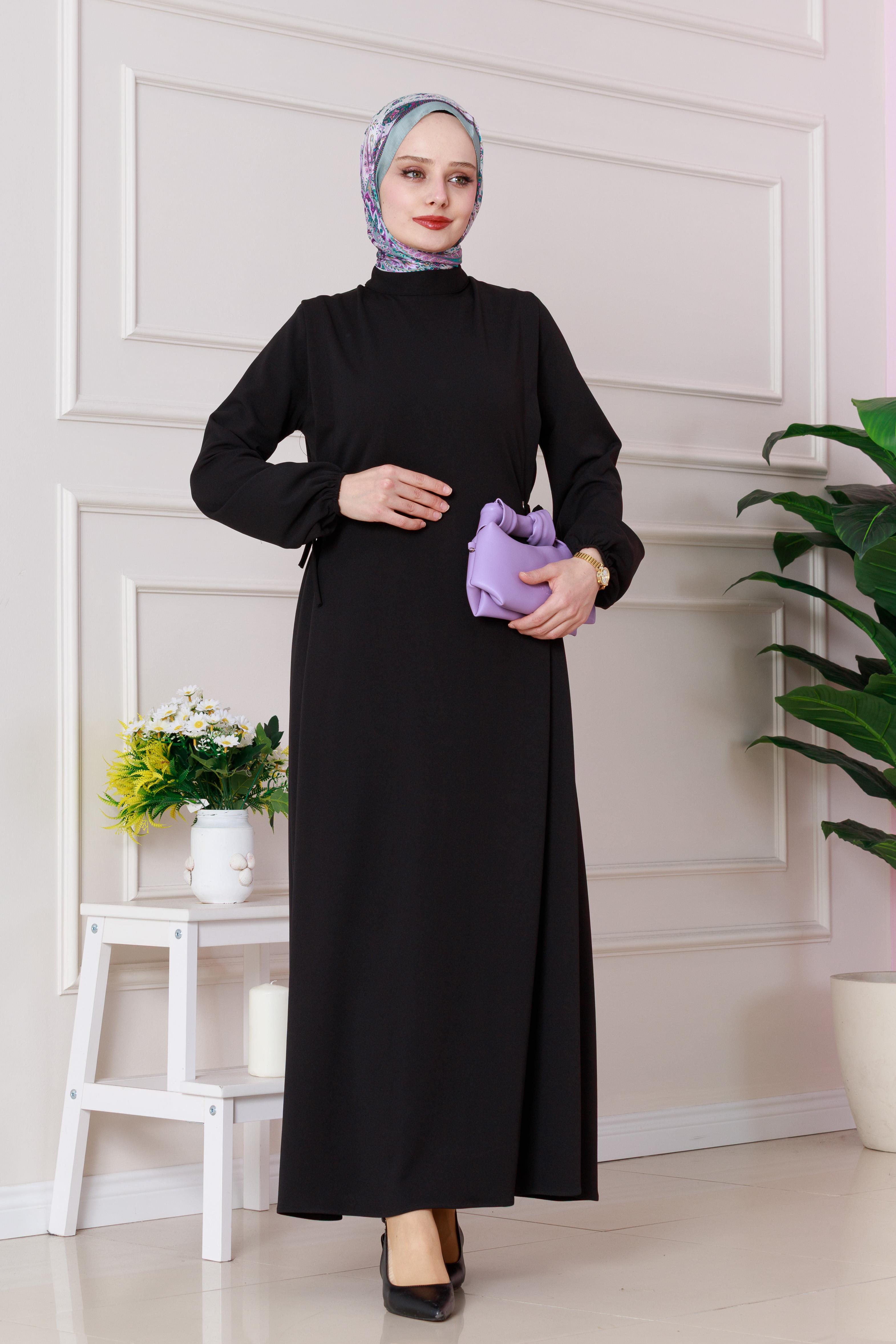 فستان بأربطة جانبية  - اسود اللون