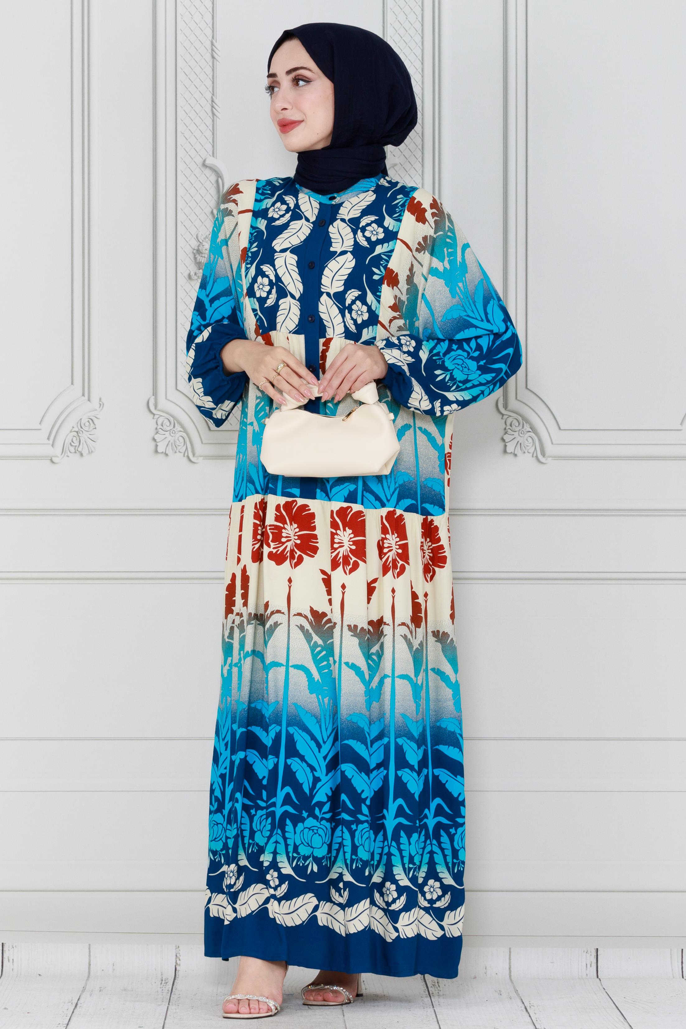 فستان فيسكوز بطبعة أوراق شجر-نيلي اللون