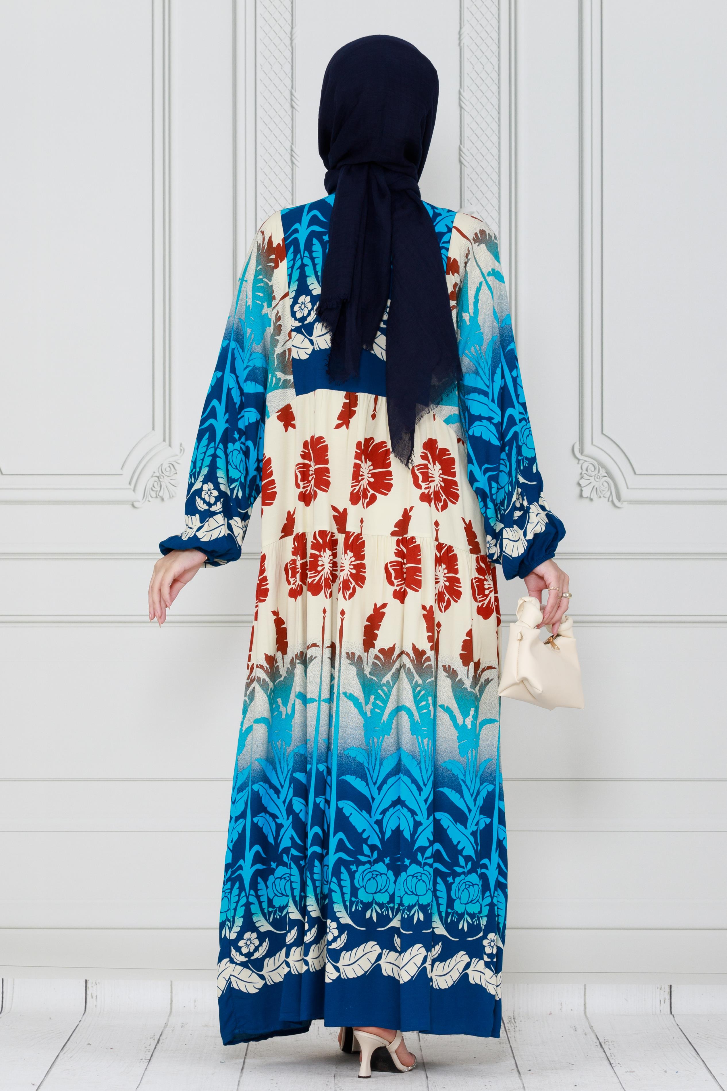 فستان فيسكوز بطبعة أوراق شجر-نيلي اللون