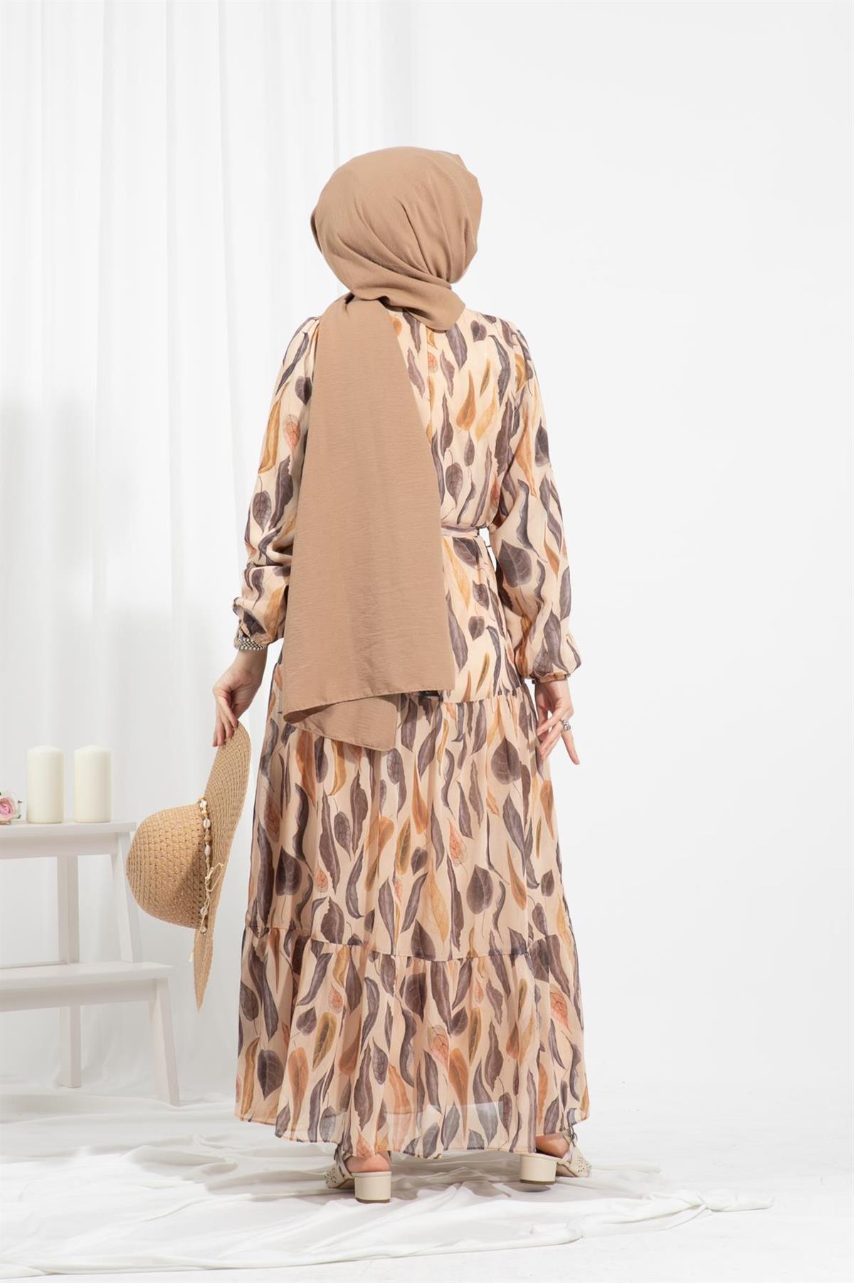 Leaf-Patterned Chiffon Dress-Beige