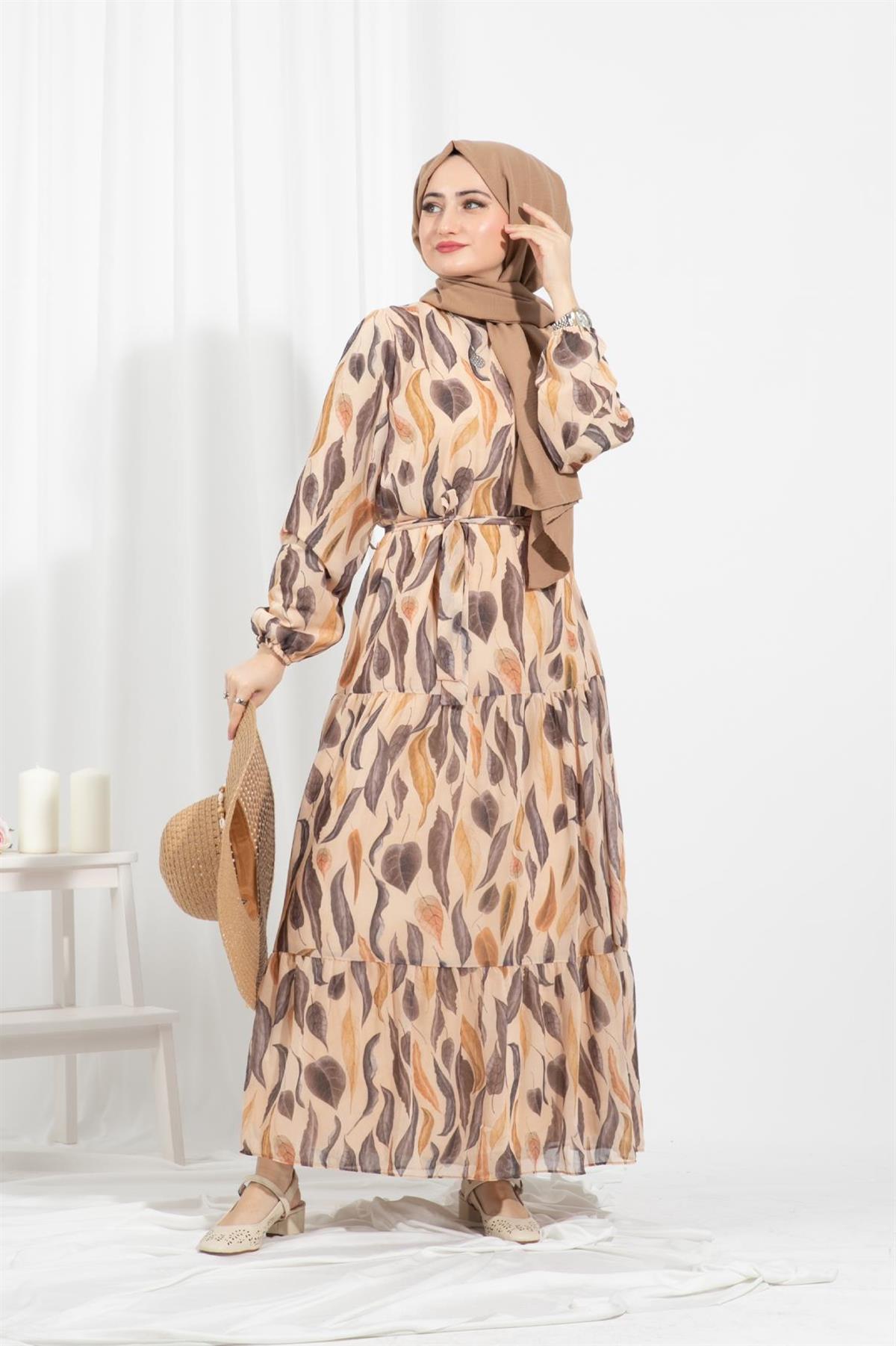 Leaf-Patterned Chiffon Dress-Beige