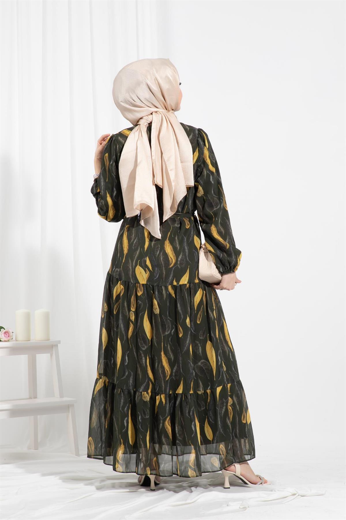 Leaf-Patterned Chiffon Dress-Green