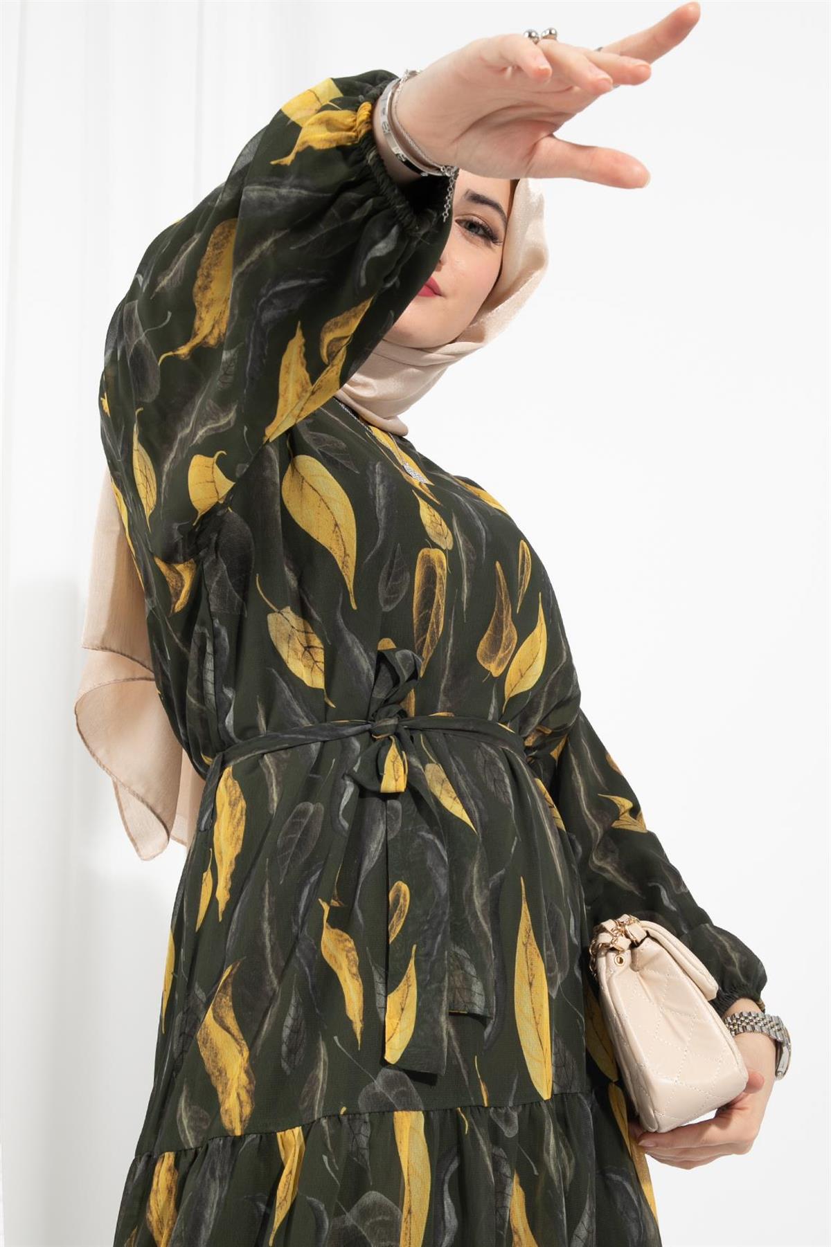 Leaf-Patterned Chiffon Dress-Green