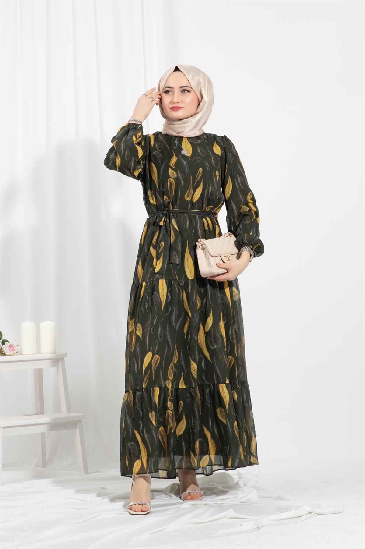 Leaf-Patterned Chiffon Dress-Green