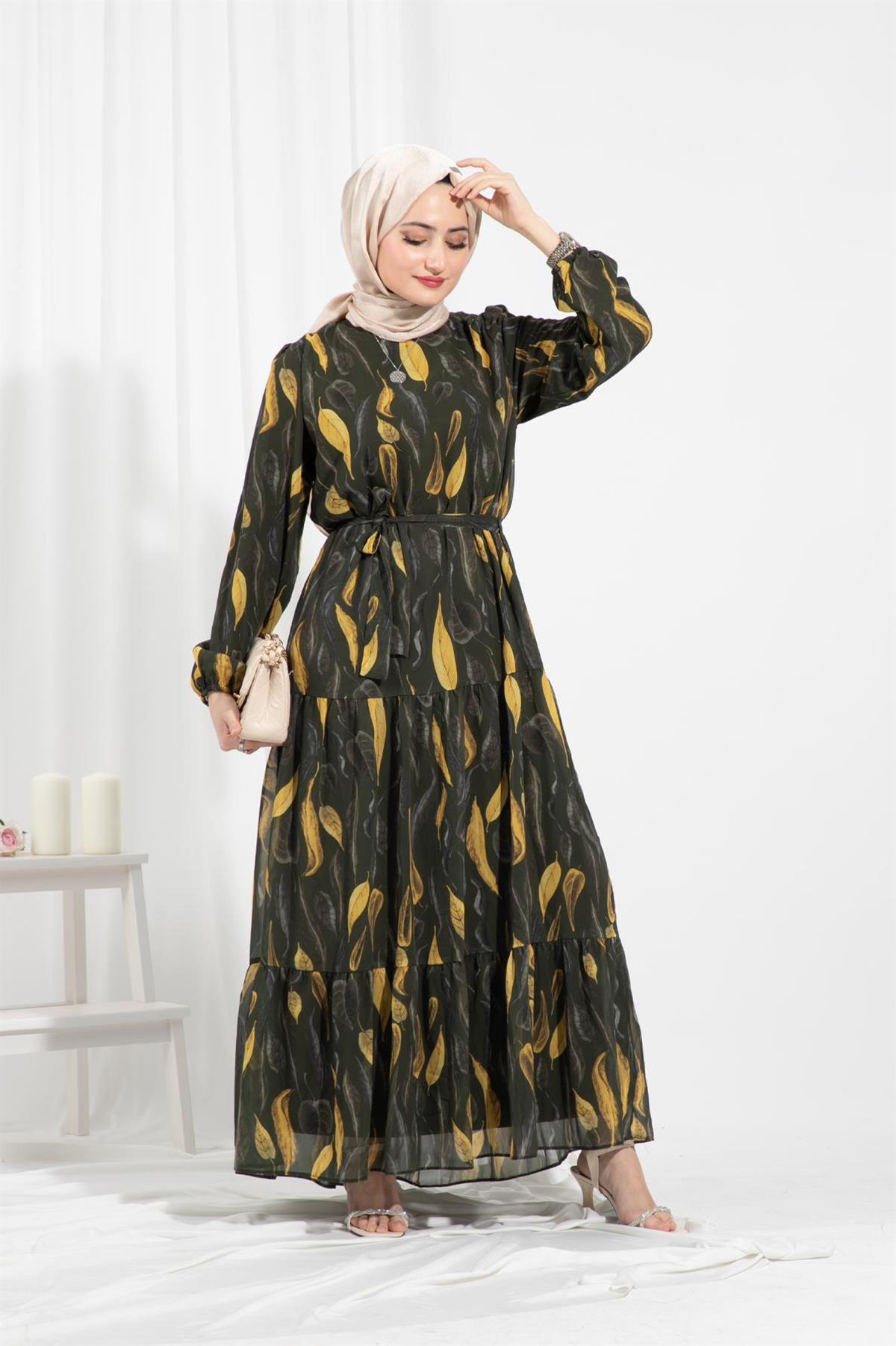 Leaf-Patterned Chiffon Dress-Green