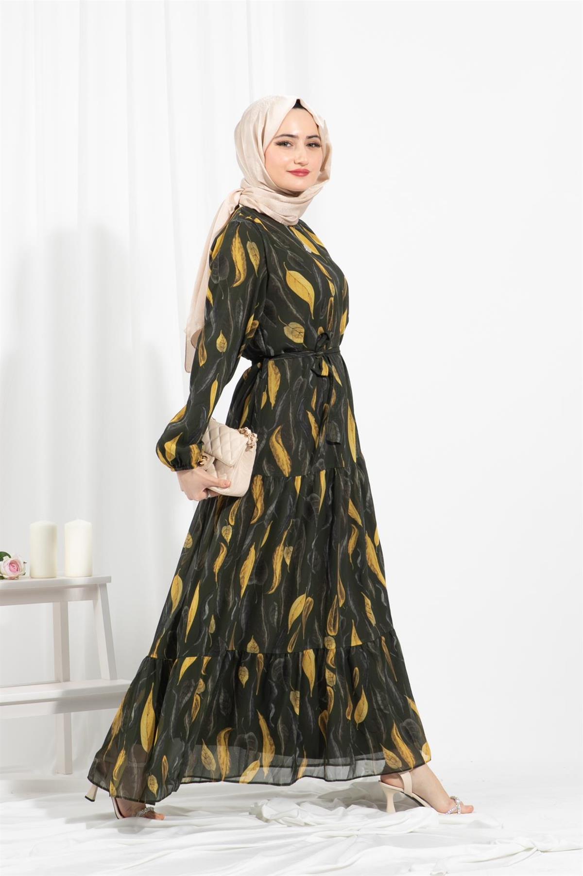 Leaf-Patterned Chiffon Dress-Green
