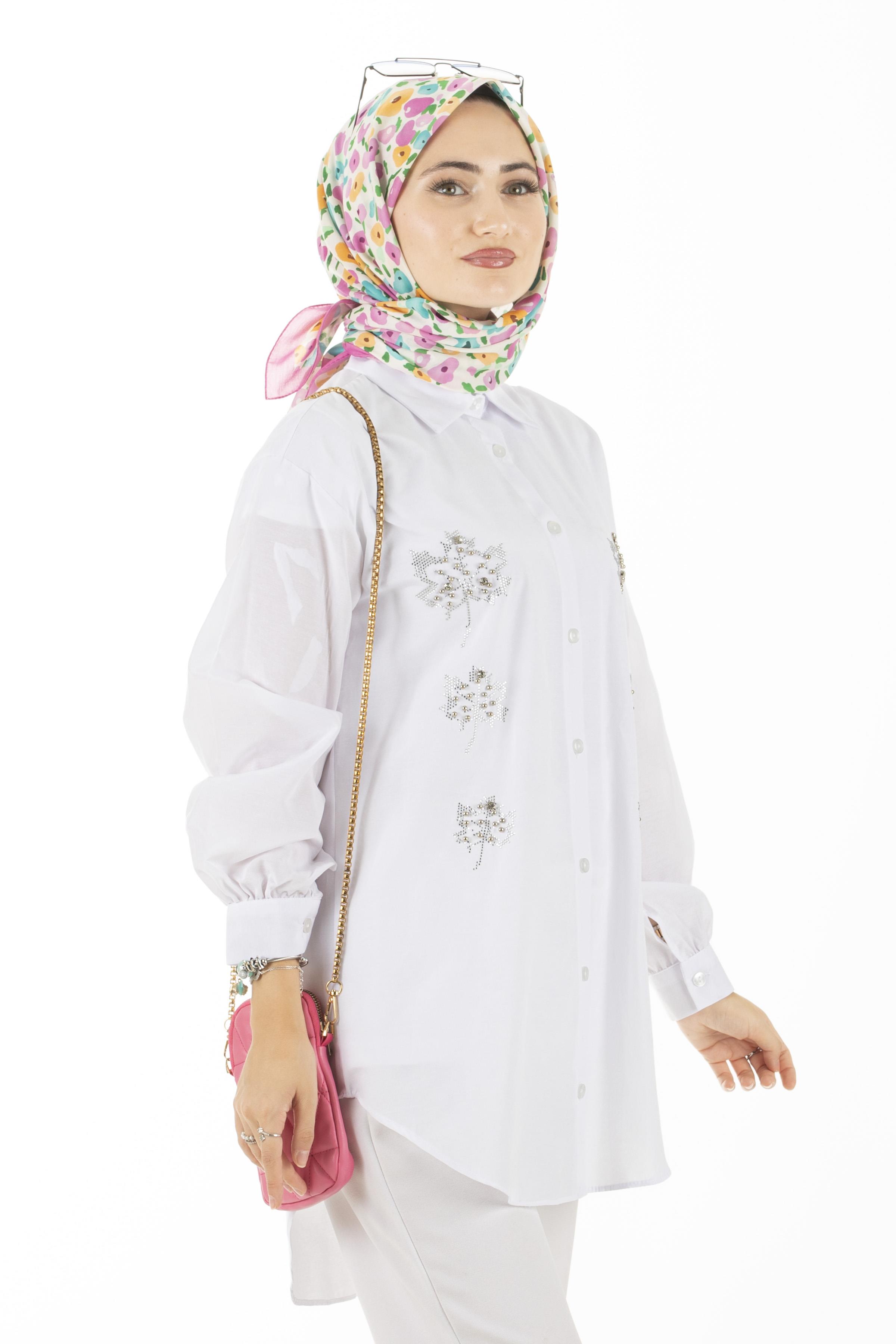  Leaf Patterned Tunic-White